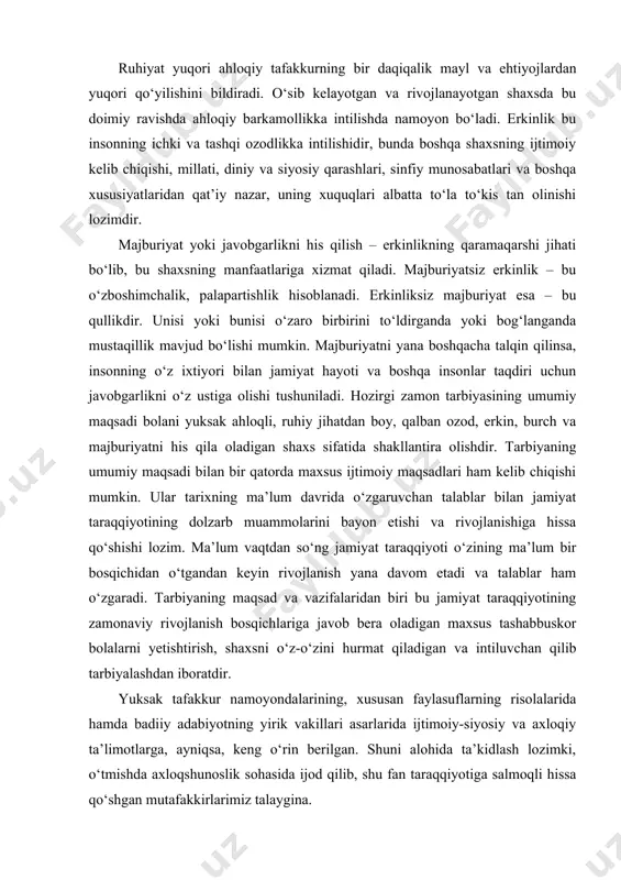 ntiluvchan qilib tarbiyalashdan iboratdir. yuksak tafakkur namoyondalarining, xususan faylasuflarning risolalarida hamda badiiy adabiyotning yirik vakillari asarlarida ijtimoiy-siyosiy va axloqiy ta’limotlarga, ayniqsa, keng o‘rin berilgan. shuni alohida ta’kidlash lozimki, o‘tmishda axloqshunoslik sohasida ijod qilib, shu fan taraqqiyotiga salmoqli hissa qo‘shgan mutafakkirlarimiz talaygina. abu nasr farobiy bolalarni axloqli, nazokatli qilib tarbiyalashda musiqa bilimining ahamiyati haqida bunday deydi: ”bu fan shu ma’noda foydaliki, kimning fe’l-atvori muvozanatni yo‘qotgan bo‘lsa, u tartibga keltiradi, kamol topmaganlarni kamolga yetkazadi va muvozanatli bo‘lganlarni muvozanatini uzoq muddatga saqlaydi. musiqa ruhni davolaydi, uning sozlarining ta’siri bilan ruhiy quvvatlar o‘z substansiyasiga uyg‘unlashadi va tartibga, muvozanatga keladi”. farobiy o‘zining “iso-al-ulum” kitobining oxirgi bo‘limida: “inson aqli faqat bilim bilan cheklanmaydi, balki odat va qarashlarni o‘zining maqsadlariga bo‘ysundira olishi va yo‘naltirishi, o‘zgartirishi ham mumkin,” -deb yozadi. uning fikricha, har bir kishi bilimlarni yaxshi egallamog‘i, yaxshi va barkamol tarbiya olmog‘i, eng yaxshi fazilatlarga ega bo‘lmog‘i kerak. farobiy fikricha, kishidagi tub g‘oya – saodatdir. tarbiya vositasi …