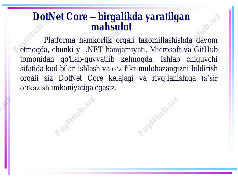 atlash. xuddi shu narsa 2.0 versiyasiga ham tegishli: .net core 2.0 doimiy rivojlanishda va shuningdek visual basic ni ham qoʻllab-quvvatlaydi. jon skeet, “c# in depth” (c# ning ichkarsida) kitobining muallifi va stackoverflow.com guruhi shunday deydi: "bir necha yil ichida .net core korporativ bozorda java ning oʻrnini egallaydi" raqamli transformatsiyaning bir qismidir bu faqat ishlab chiquvchilar uchun nisbatan yangi vosita emas. bu texnologiyaning ancha katta oʻzgarishini anglatadi – unda siz bir nechta platformalar uchun dasturlarni osongina yaratishingiz mumkin. dasturiy ta’minotni ishlab chiqaruvchilar uchun bunday qoʻshimcha sizga koʻproq erkinlik va nazorat imkonini beradi, ayniqsa .net core dasturlarini oʻzingiz xohlagan tarzda oʻrnatirish va yangilash haqida gap ketganda. yaqin kelajakda bizni kutayotgan katta oʻzgarishlarga qaramay, .net core, albatta, barcha ishlab chiquvchilar uchun qiziqarli vosita boʻlishi kerak, chunki u dasturlash sohasini hayajonli tarafga yonaltiradi. jit(just-in-time-ayni vaqtida) kompilyatsiyasi yuqorida aytib o'tilganidek, c # kodi cil tilida .exe yoki .dll kengaytmali ilovalar yoki jamlanmalarga yig'iladi. bundan tashqari, …
