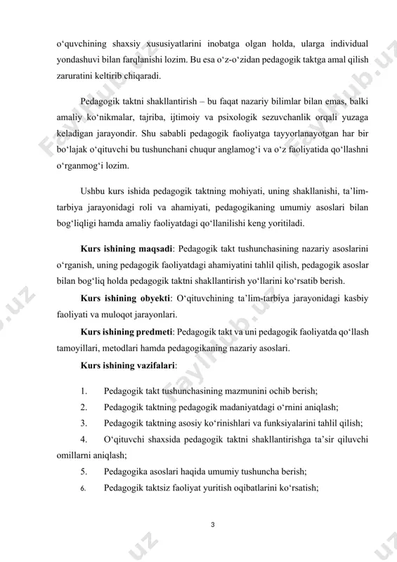 larini ko‘rsatib berish. kurs ishining obyekti: o‘qituvchining ta’lim-tarbiya jarayonidagi kasbiy faoliyati va muloqot jarayonlari. kurs ishining predmeti: pedagogik takt va uni pedagogik faoliyatda qo‘llash tamoyillari, metodlari hamda pedagogikaning nazariy asoslari. kurs ishining vazifalari: 1. pedagogik takt tushunchasining mazmunini ochib berish; 2. pedagogik taktning pedagogik madaniyatdagi o‘rnini aniqlash; 3. pedagogik taktning asosiy ko‘rinishlari va funksiyalarini tahlil qilish; 4. o‘qituvchi shaxsida pedagogik taktni shakllantirishga ta’sir qiluvchi omillarni aniqlash; 5. pedagogika asoslari haqida umumiy tushuncha berish; 6. pedagogik taktsiz faoliyat yuritish oqibatlarini ko‘rsatish; i-bob pedagogik takt tushunchasi 1.1 pedagogik takt tushunchasi. asosiy ta'riflar qo'yilgan savolni o'rganish uchun, birinchi navbatda, pedagogik taktning muhim xususiyatlarini bilish kerak. atoqli o'qituvchilar a.s makarenko, v.a. suxomlinskiy, sh.a. amonashvili bu kontekstda nafaqat o'qituvchining pedagogik taktiga xos bo'lgan qimmatli fazilatlarni aniqlashga, balki pedagogik takt tushunchasini ochib berishga va chuqurlashtirishga imkon beradi. psixologik va pedagogik adabiyotlarda pedagogik taktning turli xil ta'riflari mavjud va qo'shimcha ravishda bu tushunchani uning asosiy xususiyatlarini sanab …