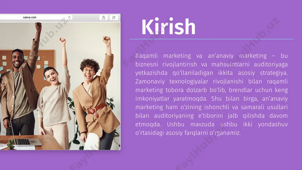 toriyani qamrab olishda samaralidir. zamonaviy dunyoda raqamli marketingning tezkorligi va iqtisodiy samaradorligi unga ustunlik beradi, ammo an’anaviy marketing hamon brend imidjini mustahkamlash va ishonchni oshirishda ahamiyatga ega. har ikkisini muvaffaqiyatli birlashtirish kompaniyalar uchun maksimal natijaga erishishda muhimdir. xulosa e'tiboringiz uchun raxmat image1.jpeg image2.png image3.svg image4.png image5.jpeg image6.png image7.jpeg image8.jpeg image9.png image10.svg image11.png image12.jpeg image13.png image14.png image15.png image16.jpeg image17.jpeg image18.jpeg image19.png image20.svg /docprops/thumbnail.jpeg