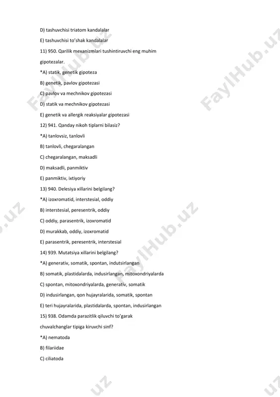 ho’jayini - odam d) asosiy hujayini - odam va sulex, anopheles avlodlariga kiruvchi chivinlar e) voyaga yetgan shakli - qonda, to’qimalarda, 3- 4 kun xattoki bir necha yil yashashi mumkin 17) 936. biosferada biogen migrasiyaning nechta turi mavjud va ularda qanday organizmlar ishtirok etadi? *a) biogen migrasiyaning 3 ta turi mavjud, mikroorganizmlar, ko’p hujayrali organizmlar va insonlar ishtirok etadi b) biogen migrasiyaning 2 ta turi mavjud, mikroorganizmlar, ko’p hujayrali organizmlar ishtirok etadi c) biogen migrasiyaning 4 ta turi mavjud, mikroorganizmlar, sutemizuvchilar, ko’p hujayrali organizmlar va insonlar ishtirok etadi d) biogen migrasiyaning 2 ta turi mavjud, mikroorganizmlarva insonlar ishtirok etadi e) biogen migrasiyaning 2 ta turi mavjud, ko’p hujayrali organizmlarva insonlar ishtirok etadi 18) 935. biosfera tirik moddasining funksiyalarini ko’rsating? *a) gaz almashinuvi, oksidlanish qaytarilish, konsentratasion (jamg’arish) va biokimyoviy funksiyasi b) tirik organizmlarning xemosintezlash funksiyasi c) tirik organizmlarning ko’payishi, o’lishi va o’lgandan keyin chirishi funksiyasi d) tirik organizmlarning cho’kindi jinslar hosil …