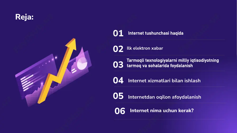 ar soni; kbit/sekund – bir soniyada aloqa muhiti orqali uzatiladigan minglab yaxlitlangan bitlar soni; mbit/sekund – bir soniyada aloqa muhiti orqali uzatiladigan millionlab yaxlitlangan bitlar soni; gbit/sekund – bir soniyada aloqa muhiti orqali uzatiladigan milliardlab yaxlitlangan bitlar soni. 12 lokal xisoblash tarmoqlari (lxt) personal kompyuterlar asosida qurilgan lxt, oddiy arxitekturasi va asosiy qurilmalarining arzonligi sababli barcha soxalarda tadbiq qilinmoqda. jumladan tijorat va bank tizimlarini avtomatlashtirishda, boshqarish tizimlarida va boshqalar. avtomatlashtirish (grekcha. αύτόματος — o'z-o'zidan harakat qilish) fan va texnologiya sohasida, insonning bevosita ishtirokisiz texnologik jarayonlarni amalga oshirishning texnik vositalari va usullarini ishlab chiqadi. 13 04 internet xizmatlari bilan ishlash internet tarmog’ining texnik ta’minoti har xil turdagi kompyuterlar, aloqa kanallari hamda tarmoqning texnik vositalari majmuidan tashkil topgan internet tarmog’ining dasturiy ta’minoti (tarkibiy qismi) tarmoqga ulangan xilma-xil kompyuterlar va tarmoq vositalarini yagona standart asosida ishlashni ta’minlovchi dasturlar. internet tarmog’ining axborot ta’minoti. internet tarmog’ida mavjud bo’lgan turli elektron hujjatlar, grafik rasm, audio yozuv, …