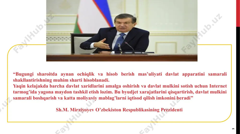 qlari hamda yigʻimlari turlari belgilab beradi. parlament boshqa davlat organlarini shakllantirishda davlatning oliy mansabdor shaxslarini tayinlashda qatnashadi. arlament davlat qonunlari ijrosi ustidan va ijroiya hokimiyati organlarining faoliyati ustidan, yangi qonunlarning tasdiqlanishi ustidan parlament nazoratini amalga oshiradi. o`zbekiston respublikasi “parlament nazorati to`g`risida”gi qonun 3-moddasiga ko`ra parlament nazorati subyektlari: o`zbekiston respublikasi oliy majlisi qonunchilik palatasi o`zbekiston respublikasi oliy majlisi senati qonunchilik palatasi va senatning qo`mitalari, komissiyalari qonunchilik palatasidagi siyosiy partiyalar fraksiyalari, deputatlar guruhlari qonunchilik palatasi deputatlari senat a`zolari o`zbekiston respublikasi oliy majlisining inson huquqlari bo`yicha vakili (ombudsman) 4-moddaga ko`ra parlament nazorati obyekti: davlat organlarining, xo`jalik boshqaruvi organlarining hamda ular mansabdor shaxslarining o`zr konstitutsiyasi va qonunlarini, o`zr oliy majlisi palatalarining va ular organlarining qarorlarini, davlat dasturlarini ijro etish, shuningdek, o`z zimmalariga yuklatilgan vazifalar hamda funksiyalarni amalga oshirish bo`yicha faoliyati parlament nazorati obyektidir. parlament nazorati shakllari(5-modda) navbatdagi yil uchun o`zr ning davlat budjetini, davlat maqsadli jamg`armalarining budjetlarini hamda soliq va budjet siyosatining asosiy yo`nalishlarini …