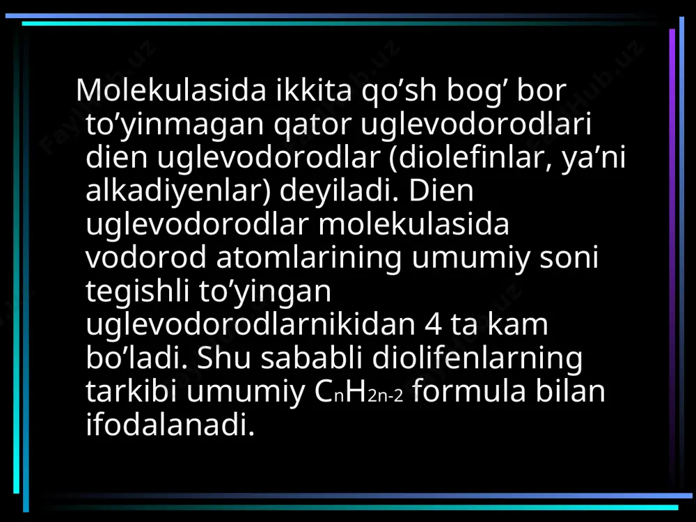 aksiyani dils va alder reaksiyasi deyiladi. bu reaksiyaning ahamiyati katta bo’lganligi uchun reaksiyani kashf etgan va o’rgangan olimlar ikki martta nobel mukofoti olishga sazovor bo’lganlar. dimerlanish. diyen uglevodorodlarini qizdirganda o’zaro birikish reaksiyalariga kirisha oladilar. bunda bir molekula 1,2-birikish, ikkinchi molekula 1,4-birikish bo’yicha ta’sir etadi. qisman har ikki molekulani 1,4-birikishi bo’yicha ta’sir etishi ham mumkin: polimerlanish. diyen uglevodorodlari ishqoriy metallar metalloorganik birikmalar ishtirokida polimerlanib yuqori molekulali birikmalar – kauchuk hosil qiladilar. polimerlanish ham 1,2-1,4 va 1,4-1,4-ko’rinishlarda borishi mumkin: tabiiy kauchuk. tabiiy kauchuk tropik mamlakatlarda o`sadigan ba`zi darahtlarning sutsimon shirasidan olinadi. masalan, janubiy amerikada o`sadigan gveya, gvayulla daraxtlari va o`rta osiyoda o`sadigan ko’k sagiz, tog’ sagiz o’simliklar ana shunday daraxtlar jumlasiga kiradi. janubiy amerikaliklar gveya daraxtining shirasini «kaocho» - daraxtining «ko`z yoshi» deganlar, shu sababli kauchuk nomi saqlanib qolgan. tabiiy kauchukning kimyoviy tuzilishini asosan garries o`rgangan bo`lib, izopren molekulalaridan tashkil topganligi aniqlangan. buning uchun kauchuk ozonlash reaksiyasiga uchratilgan, so`ngra hosil bo`lgan modda …