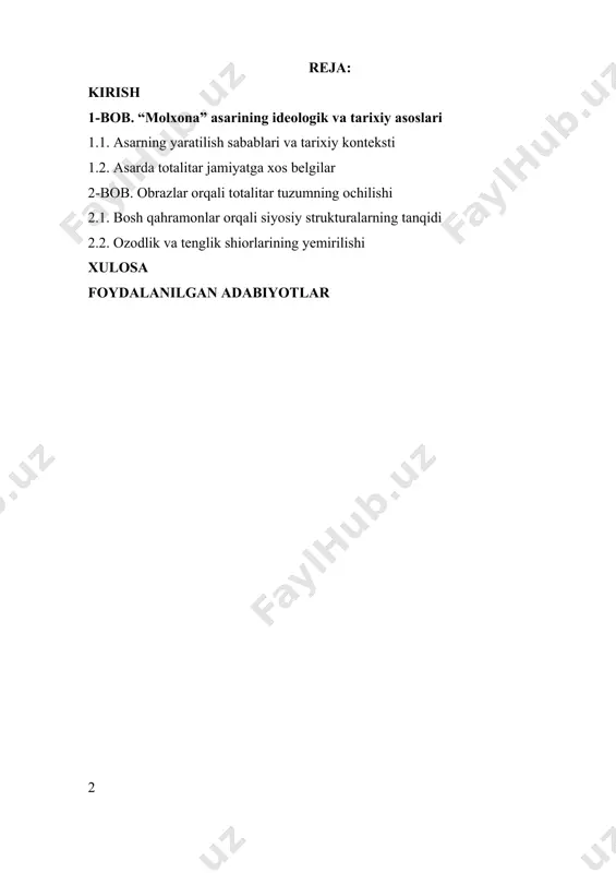 arda foydalanilgan terminlar, masalan, totalitarizm, nazorat, erkinlik, inson huquqlari, aniq va tushunarli tarzda izohlanadi, shuningdek, real hayotdagi misollar bilan boyitiladi. bu asar totalitar jamiyatlarning qanday qilib insonlarning shaxsiy erkinliklarini cheklashini, davlat nazorati va repressiyalarning kuchayishini ochib beradi. molxona asarining muhimligi shundaki, u totalitarizmning ichki tuzilishini, uning qanday qilib jamiyatni boshqarishini va insonlar hayotiga qanday ta'sir qilishini tushunishga yordam beradi. bu asar siyosiy nazariyalar va tarixiy voqealarni o'rganishda muhim manba bo'lib xizmat qiladi va zamonaviy dunyo sharoitida totalitarizm xavfi va unga qarshi kurash usullarini aniqlashda muhim ahamiyat kasb etadi. shu bilan birga, asarda totalitar jamiyatlarning rivojlanishi va ularning dunyo siyosatidagi o'rni ham yoritiladi. bu orqali mualliflar totalitarizmning salbiy ta'sirlarini kengroq tushunishga harakat qiladi va unga qarshi kurash strategiyalarini ishlab chiqishda ilmiy asoslar taqdim etadi. molxona asarining tahlili davomida, uning ideologik va tarixiy asoslari, shuningdek, zamonaviy totalitar jamiyatlarga oid misollar va statistikalar bilan boyitilgan. bu yondashuvlar nafaqat tarixiy va siyosiy nazariyalar uchun, …