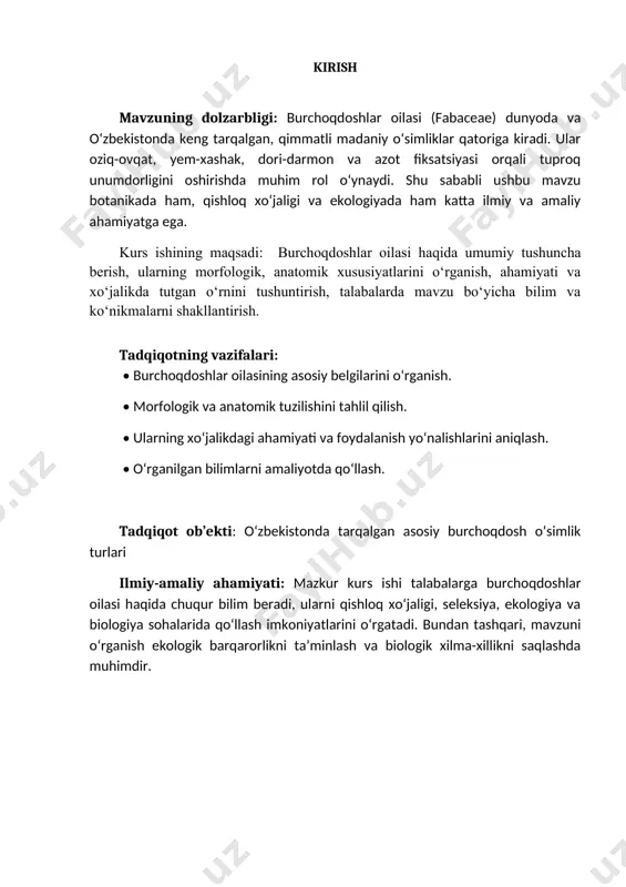 aning ayrim turlari madaniy (ekma) o'simlik sifatida sug'oriladigan yerlarda ekiladi. masalan, kassiya (cassia) turkumining sano deb ataladigan ayrim turlari respublikaning janubiy hududlarida bir yillik dorivor o’simlik sifatida ekiladi. 1-rasm. a-k-pisum sativum; l- arachis hypogaea: b-guli, d-tojbarglar, f-gul diagrammasi, e-changchi va urug'chi, j-dukkak meva, k-urug'i; 1-elkan, 2-eshkak, 3-qayiqcha, 4-ildizcha, 5- kurtakcha, 6-urug'palla. 1.2 burchoqdoshlar oilasining morfologik va anatomik xususiyatlari 1 tana tuzilishi; gulli o’simliklar bo’lib ,sosan bir yillik,ikki yillik,ko’p yillik o’tlar kiradi. barglari ;murakkab ba’zan oddiy hamisha yonbargchali poyada ketma-ket o’rnashgan ildiz tizimi – o’q ildiz tizimli .ildizida tugunak bakteryalar hamkorlikda hayot kechiradi.ulr shu o’simliklar ildizida yashab erkin azotni o’zlashtiradi.tugunak bakteriyalar tuproqni azotli birikmalarga boyitib tuproq hosildorligini oshiradi. 2 gullari notog’ri simmetiryali [zigomorf],asosan kapalakcha shaklida .5ta gulqorg’on ;1ta yelkancha ,2ta qanot,2ta qayiqchadan iborat.gullari odatda sariq,binafsha,oq,ko’k ranglarda bo’ladi. 3 mevasi dukkak – bir urug’li yoki ko’p urug’li anatomik xususiyatlari 1. ildiz tizimi: • ildizlarida tugunaklar hosil bo‘ladi, u yerda azot fiksatsiyasi sodir …