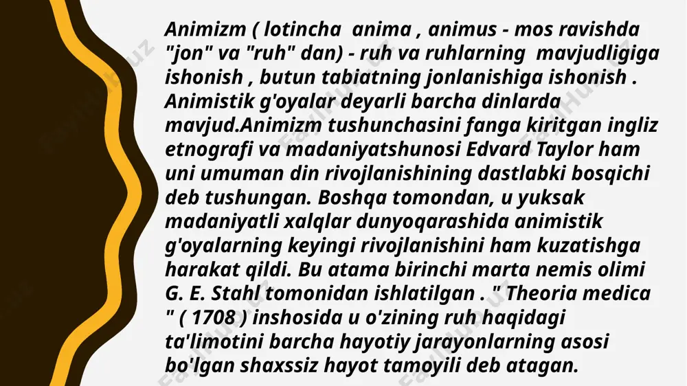 ona pishloq-yer esa asosiy xudolar hisoblangan. animizmni totemizm bilan aralashtirish 1869 yilda (tilor o'zining animizm ta'rifini taklif qilganidan uch yil o'tib) edinburglik huquqshunos jon fergyuson maklennan fetişizmda yaqqol namoyon bo'lgan animistik fikrlash totemizm deb atagan dinning paydo bo'lishini ta'kidladi . uning ta'kidlashicha, ibtidoiy odamlar o'zlarining totemik hayvonlari bilan bir xil turdagi avloddan kelib chiqqan deb ishonishgan. kreslo antropologlari" (jumladan, j.j.baxofen , emile dyurkgeym va zigmund freyd ) tomonidan keyingi munozaralar animizmga emas, balki totemizmga qaratilgan bo'lib , tylorning ta'rifiga to'g'ridan-to'g'ri e'tiroz bildirganlar ham bor edi. antropologlar "o'zlarining yangi va boy etnografiyalari nuqtai nazaridan bu keng tarqalgan tushunchani qayta ko'rib chiqish o'rniga, odatda animizm va hatto atamaning o'zi muammosidan qochishadi " joytun madaniyatiga oid yana bir pessejiktepa manzilgohidan murakkab reja asosida qurilgan katta uy qoldiqlari qazib o’rganilgan. tadqiqot davomida bu uyning devorlarida oqsuvoq ustiga qora va qizil bo’yoqlarda geometrik bezaklar, daraxtlar, qoplon va boshqa hayvonlar tasvirlangani aniqlangan. imorat ichidan ko’plab loydan …