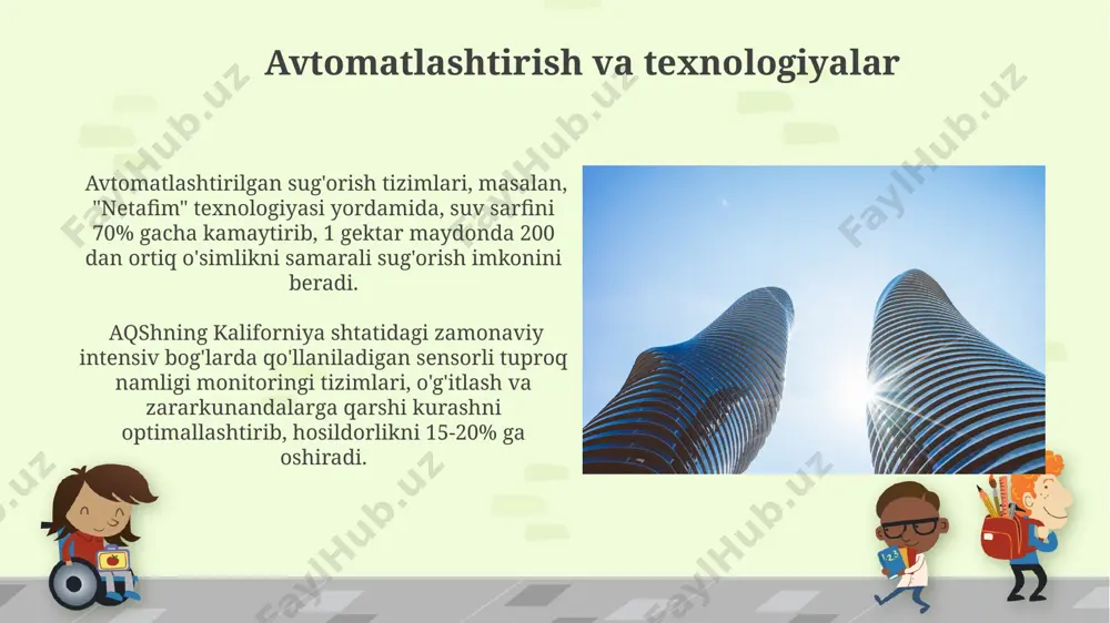 50% kam suv sarflanadi va 70% ga yuqori hosil olish mumkin, bu esa aqshning kaliforniya shtatidagi amaliyotlardan ma'lum. ekologik toza intensiv bog'dorchilik сурхондарё вилоятидаги интенсив боғларда биопрепаратлар ва органик ўғитлар ишлатилиши туфайли 20% гача зараркунандаларга қарши кураш воситаларининг ишлатилиши камайган. тошкент вилоятидаги интенсив боғларда 1 гектардан 30 тоннагача ҳосил олишга эришилган бўлиб, бу анъанавий усулларга нисбатан 2 баравар юқори кўрсаткичдир. kasallik va zararkunandalarga qarshi kurash intensiv bog'larda 5% dan ortiq zararkunandalar infeksiyasiga qarshi kurashda foydalaniladigan biologik vositalar, masalan, "bacillus thuringiensis", samarqand viloyatida 30% ga samaradorligini oshirdi. o'zbekistonning janubiy hududlarida, intensiv bodom bog'larida suv tanqisligiga chidamli 7 ta navning 2023 yilda 15% gacha hosildorlikni oshirishga yordam beruvchi yangi sug'orish tizimi joriy etildi. zamonaviy intensiv bog'larning afzalliklari intensiv bog'larda qo'llaniladigan tomchi sug'orish tizimi, o'zbekistonning qurg'oqchil hududlarida, samarqand viloyatida suv resurslaridan oqilona foydalanishga va hosildorlikni 25% ga oshirishga yordam beradi. zamonaviy intensiv bog'lar 1 gektar maydonda 1000 kg dan ortiq hosil olish imkonini …