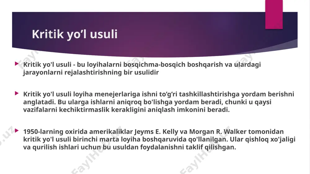 vakt talab etish kerak; —xar bir operatsiya qachon bajarilish kerak; saytlar: www.hozir.org www.uz.itpedia.nl www.yuz.uz www.uzace.uz www.lin.jizpi.uz image1.jpeg image2.png image3.png image4.png image5.png image6.png image7.png image8.png /docprops/thumbnail.jpeg
