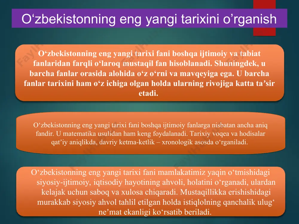 raqqiyot davrining 3 bosqichga bo‘linishini ko‘rish mumkin. birinchi bosqich 1991-2000-yillarni o‘z ichiga olib, bu davrda mustaqillikning poydevori bunyod etilib, “o‘zbek modeli” asosida ijtimoiy-iqtisodiy taraqqiyot sari yo‘l tutildi, o‘zbekiston jahon hamjamiyati tomonidan tan olindi, milliy istiqlol mafkurasi jamiyat hayotiga keng kirib bordi. * 2001-2010-yillarni o‘z ichiga olgan ikkinchi bosqich, demokratik o‘zgarishlar, iqtisodiyotni barqaror rivojlantirish, ijtimoiy-siyosiy hayot sohalarini izchil isloh qilishni taʼminlash davri bo‘ldi. uchinchi bosqich esa 2010-yildan 2017-yilgacha bo‘lgan davr hisoblanib, bunda davlat hokimiyati va boshqaruvini demokratlashtirish, fuqarolik institutlarini rivojlantirish, bozor islohotlarini va iqtisodiyotni liberallashtirish – chuqurlashtirish davri bo‘lib qoldi. ushbu davrning boshlanishi mamlakatda fuqarolik jamiyatini shakllantirish va demokratik islohotlarni yanada chuqurlashtirish konsepsiyasining ishlab chiqarilishi bilan bog‘liqdir. shuningdek, o‘zbekistonning eng yangi tarixida yuqoridagi bosqichlarga qo‘shimcha ravishda 2017-yildan keyingi davrni ham alohida jarayon sifatida qabul qilish lozim. mazkur davr tarixi 2016-yil dekabr oyida saylangan o‘zbekiston prezidenti sh.m.mirziyoyevning strategik taraqqiyotga asoslangan keng ko‘lamli jadal islohotlar davri boshlangani bilan izohlash mumkin. bu davr hozirgi …