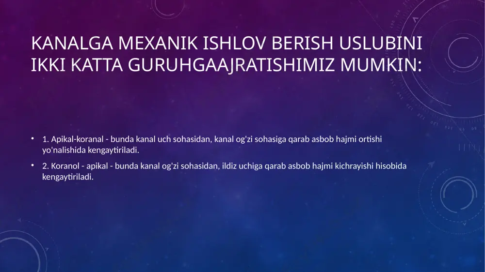 chi bosqich - ildiz kanalining ishchi uzunligini baholash.bunda asbob kanalning uch sohasigacha olib borilmaydi. avval tish kanalini asbobsiz diagnostik rentgenogrammasi o'tkaziladi.bunda ildiz kanallar soni, ularning qiyshiqligi baholanadi, hamda taxminiy ildizuzunligi aniqlanadi. ikkinchi bosqich - kanal og'zini kengaytirish, kanal og'zi va o'rtaqismiga ishlov berish, apikal uchlik qismga o'tuvchanlikni ta'minlash. bosqich kanalga ingichka k -faylni (iso bo'yicha ne08yoki ne10hajm) kanalning qiyshiqligi boshlangan yoki ildiz uchiga 4-5 mm etmagan holda ishlov berishdan boshlanadi. so'ng kanalning o'tgan qismiga qo'l yordamida h-fayl yoki k-fay! yordamida kichik xajmli asbobdan kattaga qarab kanalga ishlov berish amalga oshiriladi: ne 15-no20 - no25 - ne30 va b.q. . shu tariqa kanal asbobning hajmi ortib borish tartibida kengaytiriladi, to apikal uchga 5 mm etib borguncha. kanalning o'tuvchanligi ingichka asbob yordamida tekshirilib turiladi.bosqich oxirida kanal og'zi sohasiga gates gliden asboblar to'plami yordamida kichik hajmdan katta hajmga qarab kengaytirib boriladi. bunda gates gliden №3 asbobi yordamida kanal og'ziga 1-2 mm kiritishgina lozim.uchinchi …