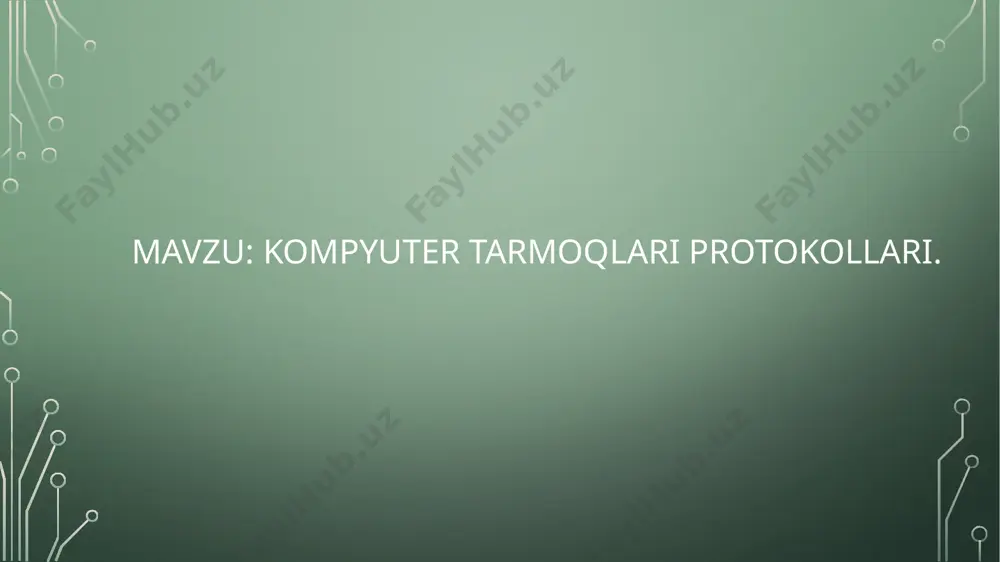 tcp (transmission control protocol) – ishonchli transport. udp (user datagram protocol) – ulanishsiz, tezkor transport. b) yo‘naltiruvchi (routing) protokollar: maʼlumotlarni tarmoqlar oʻrtasida eng yaxshi yoʻnalish boʻyicha uzatishni taʼminlaydi. masalan: rip (routing information protocol). ospf (open shortest path first). bgp (border gateway protocol). c) xavfsizlik protokollari: tarmoq orqali uzatilayotgan maʼlumotlarni himoya qilish. masalan: ssl/tls (secure sockets layer/transport layer security). ipsec (internet protocol security). d) ilova darajasidagi protokollar: dasturlar uchun maxsus funksiyalarni bajaradi. masalan: http/https – veb. smtp – elektron pochta. dns – domen nomlarini ip adreslarga oʻzgartirish. 3. ulanuvchanlik bo‘yicha tasnif ulanishga asoslangan protokollar (connection-oriented protocols): avval ulanish oʻrnatiladi, keyin maʼlumot uzatiladi. masalan: tcp. ulanishsiz protokollar (connectionless protocols): maʼlumotni bevosita uzatadi, ulanish oʻrnatish talab qilinmaydi. masalan: udp. 4. tarmoq ko‘lamiga ko‘ra tasnif lokal tarmoq protokollari (lan protocols): mahalliy tarmoqlarda ishlaydi. masalan: ethernet, wi-fi. global tarmoq protokollari (wan protocols): katta masofalarda ishlaydi. masalan: mpls, frame relay. metropolitan tarmoq protokollari (man protocols): shahar …