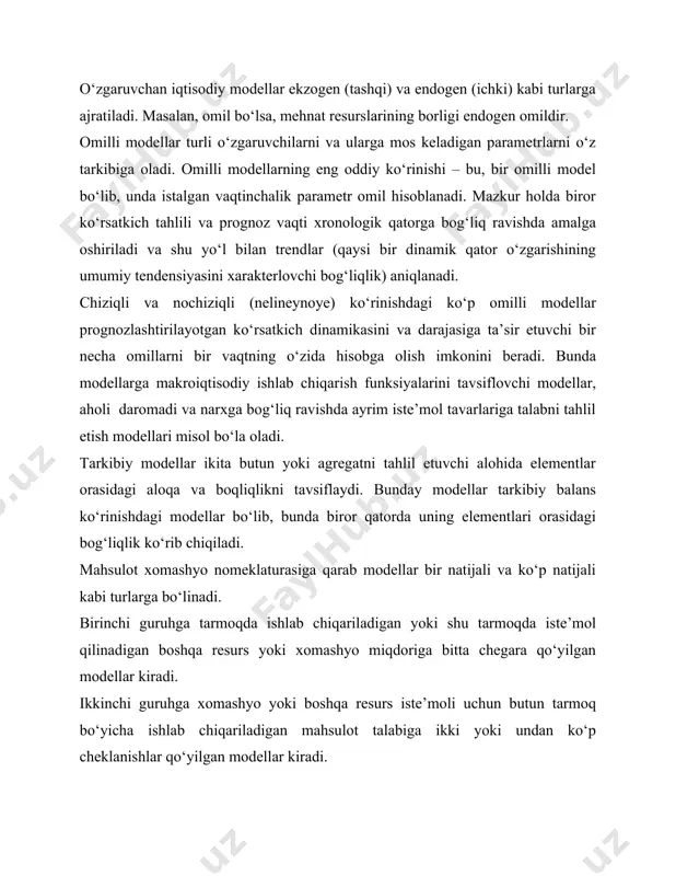 ayapti: qiymat va natural shakilda. mamlakat bo‘yicha qiymat ko‘rinishidagi tab nomenklaturasi 120 ta tarmoq nomenklaturasini o‘z ichiga oladi va u barcha moddiy ishlab chiqarish sohasini qamrab oladi. natural ko‘rinishdagi tab barcha mahsulotlarning 80 %ini tashkil etuvchi asosiy mahsulotlarni qamrab oladi. ushbu balansda 600 ga yaqin zaruriy mahsulot turlari aks ettiriladi. natural - qiymat balansi modeli iqtisodiyotning kompleks tavsifini aks ettiradi. moddiy qiymat tab modelining balanslashtirilgan holdagi reja uchun boshlang‘ich ma’lumotidir. bunga md hajmi, tarkibi ko‘rsatkichlari, eksport, import va kapital ta’mirlash hajmi ma’lumotlari kiritiladi. tab modeli bo‘yicha ikki tipdagi hisob - kitoblar amalga oshiriladi: bunda berilgan yakuniy iste’mol darajasi bo‘yicha mahsulotlar ishlab chiqarish va taqsimlanishning balanslashtirilgan rejasi hisoblab topiladi. aralash hisob – kitoblarni o‘z ichiga oladi. bunda ba’zi tarmoqlarda ishlab chiqarish hajmi to‘g‘risidagi ma’lumotlar va boshqa tarmoqlarga yakuniy iste’molga berilgan mahsulotlar bo‘yicha ishlab chiqarish va taqsimlash balansi tuziladi. makroiqtisodiy darajada iqtisodiy prognozlarni tuzishda iqtisodiy-matematik modellar keng qo‘llaniladi. bularga bir va ko‘p …