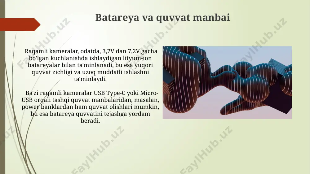 ga moslashish imkonini beradi, yuqori iso qiymatlari zaif yorug'likda yaxshiroq natijalar beradi, lekin shovqinni oshirishi mumkin. o'lchov tizimi (matritsani o'lchash) markaziy, o'rtaga tortilgan va spot (nuqtaviy) rejimlarda fotosuratning yorqinligini aniqlaydi, bu esa ekspozitsiyani aniqroq boshqarish imkonini beradi. ekran va ko'rish moslamasi ba'zi ko'rish moslamalari sensorli ekran texnologiyasidan foydalanadi va 3-5 nuqtaga tegishni qo'llab-quvvatlaydi, bu esa menyu navigatsiyasini va sozlamalarni o'zgartirishni osonlashtiradi. ko'rish moslamasining yorqinligi va kontrasti lcd yoki oled texnologiyalariga bog'liq bo'lib, quyoshli kunda 1000 cd/m² gacha yorqinlikka ega bo'lishi mumkin. ob'ektiv va uning vazifasi ob'ektivning diafragmasi yorug'lik miqdorini boshqarishga xizmat qiladi, bu f/2.8 kabi f-sonlari bilan ifodalanadi va tasvirning chuqurlik maydonini aniqlashda muhim ahamiyatga ega bo'lib, bokeh effektini yaratishga imkon beradi. ob'ektivning asosiy vazifasi yorug'lik nurlarining fokusini sensorga aniq tasvir hosil qilish uchun sozlashdir, bu jarayonda f/stop kabi parametrlar muhim rol o'ynaydi va odatda 35mm ekvivalentida 24-105mm diapazonda bo'ladi. e'tiboringiz uchun rahmat @taqdimot_robot image1.jpg image2.jpg image3.jpg image4.jpg image5.jpg image6.jpg …