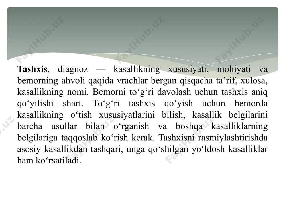 nimi) tekshirish usuli yurak morfologiyasning buzilishi, yurak mexanik ish faoliyatini, yurakning harakat tizimini ut signallar orqali ro‘yxatga olishdir. exokg orqali yurak klapanlarining, yurak mushaklarining holati, yurakning shakli va perikard bo‘shlig‘idagi suyuqlikni aniqlash mumkin. kt apparati kombinatsiyalashgan rentgen qurilma va kompyuterdan iborat. rentgen qurilma bemomi har xil burchaklarda suratga olib, kompyuterga uzatadi va kt tasviri paydo bo’ladi. kt faqatgina o’rganilayotgan a’zo haqidagina emas, balki patologik jarayonning o‘zaro qo‘shni organ va to‘qimalar bilan aloqasi haqida ham ma’lumot olish imkonini beradi. hozirgi kunda kt juda ko‘p kasalliklami aniqlashda yetakchi diagnostik usul bo’lib hisoblanadi. masalan: •bosh miya kasalliklari; •umurtqa pog‘onasi va orqa miya kasalliklari; • o‘pka va ko‘ks oraligi kasalliklari; • jigar, buyrak kasalliklari; • oshqozon osti va buyrak usti bezlari kasalliklari. kt apparati magnit rezonans tomografiya (mrt) radiologik usullaning eng yangisi va zamonaviysi hisoblanadi. mrt tomograflari yordamida tananing xohlagan qismi yuzasini tasvirini hosil qilish mumkin. bunda ionlashgan nurlanishlar foydalanilmaydi, havo va suyaklar tasvirni …