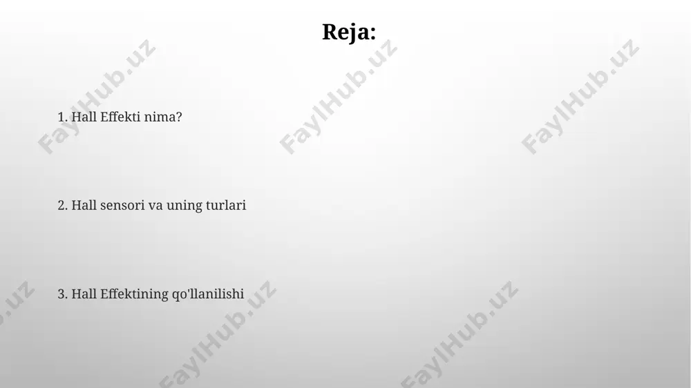 бўлади. hall effektinig qo'llanilishi холл датчиклари юқори аниқликдаги ток ўлчовлари учун, масалан, 1 ма дан кам ток кучини ўлчашда қўлланилади ва бу электроникадаги кўплаб 0.1% хатоликка йўл қўймайдиган дақиқ асбобларни яратишга имкон беради. магнит майдони кучининг ўзгаришига қараб, холл волтажини ўлчаш орқали магнит майдон сенсорлари яратилади, бу эса автомобиль саноатида, 20-30 мктл даражасидаги заиф магнит майдонларни аниқлашда қўлланилади. e'tiboringiz uchun rahmat @taqdimot_robot image3.png image4.jpg image5.jpg image6.jpg image7.jpg image8.jpg image1.png