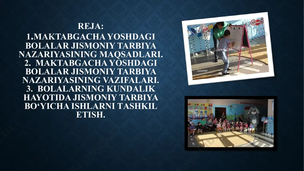 ptirish o’zining aniq ifodasini topgan. jismoniy tarbiya inson jismoniy va ma’naviy kamolotining muhim vositasidir, deb belgilab qo’yilgan. jismoniy tarbiya tizimining asosiy maqsadi ta’limtarbiya jarayonini mukammallash-tirish orqali yosh avlodni jismoniy barkamol, e’tiqodli, ma’naviy go’zal, o’z sog’ligi haqida g’amxo’rlik qilishni ijtimoiy burch deb biladigan kishi qilib tarbiyalashdan iborat. jismoniy tarbiya jarayonida quyidagi muhim vazifalar hal etiladi: 1. sog’lomlashtirish 2. ta’lim vazifalari 3. tarbiyaviy vazifalar maktabgacha yoshdagi bolalar jismoniy tarbiya nazariyasi bu - bola jismoniy tarbiyasi shakllanishining umumiy qonuni- yatlaridan saboq beruvchi fandir. maktabgacha yoshdagi bolalarni jismoniy tarbiyalash nazariyasi jismoniy tarbiyaning umumiy nazariyasi bilan yagona mazmunga va o‘rganish predmetiga ega, ayni paytda u 7 yoshgacha bo‘lgan bolalar jismoniy tarbiyasi qonuniyatlarini va shunga muvofiq bolaning ta’lim va tarbiya jarayonidagi rivojlanishini boshqarishning umumiy qonuniyatlarini maxsus o‘rganadi. bolalar jismoniy tarbiyasi nazariyasi har bir yosh bosqichini o‘rganib, ilmiy ma’lumotlar va amaliy tajribani umumlashtirib borib, jismoniy tarbiya vazifalarini belgilaydi, ularning mohiyatini, butun jismoniy tarbiya jarayonini tashkil etishning juda …