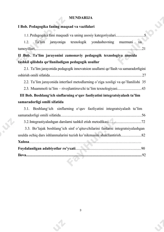 uv asosida boshqaruvning nazariy asoslari, pedagogik texnologiyalarning yo’nalashlari, muammolari va yechimlari, boshlang’ich sinflardagi fanlarni integratsiyalash muammo, yechimlari va istiqbollari yoritilgandir. yuqorida ko’rsatib o’tilgan va o’zlashtirilishi taklif etilgan mazmun ta’lim oluvchilarni kasbiy tayyorgarligini shakllantirishning asosi hisoblanib, ushbu faoliyat ta’lim samaradorligini oshirish uchun yetakchi vosita hisoblanadi. ushbu metodik qo’llanmada, pedagogik faoliyat – ta’lim maqsadlarini amalga oshirish, o’qituvchi va ta’lim oluvchilarning o’zaro munosabatlariga asoslanuvchi pedagogik, integratsion faoliyat samaradorligining shartlaridan bir ekanligi hamda bo’lajak mutaxassislarning kasbiy tayyorgarligini shakllantirish yo’llari keltirilgan. i bob. pedagogika faning maqsad va vazifalari 1.1. pedagogika shaxs tarbiyasi va rivojlanishi to‘g‘risidagi fan. ilmiy- pedagogik tadqiqotlar metodologiyasi va metodlari reja: 1. pedagogika fani maqsadi va uning asosiy kategoriyalari. 2. pedagogikaning boshqa fanlar bilan aloqasi. 3. ilmiy-pedagogik tadqiqotlar metodologiyasi va tadqiqot metodlari. tayanch so‘zlar: pedagogika, maqsad, vazifa, ob’yekt, predmet, kategoriya, pedagogikaning sohalari, pegagika fani metodologiyasi, ilmiy-tadqiqot metodlari. 1. pedagogika fani maqsadi va uning asosiy kategoriyalari. pedagogika (yunoncha paidagogike bo‘lib, paida - «bola» va …