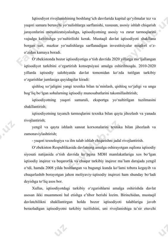 ni rivojlanishiga ta’sir etuvchi bozor infratuzilmasini vujudga keltirish, ikkinchidan, insonning yashashi va mehnat qilishi uchun qulay shart-sharoitlarni yaratishdan iborat. o‘tish davridagi tarkibiy o‘zgarishlar bozor iqtisodiyotining ijtimoiy yo‘naltirilganligiga, o‘sib va o‘zgarib borayotgan inson ehtiyojlarini qondirishga, ya’ni tarkibiy o‘zgarishlar maqsad ko‘rinishida emas, balki barkamol inson konsepsiyasini amalga oshirish vositasi sifatida namoyon bo‘ladi. milliy iqtisodiyot tarkibining samarali shakllanishiga ta’sir ko‘rsatuvchi omillar mamlakatlar iqtisodiy taraqqiyotining barcha bosqichlarida ishlab chiqarish tarkibiga yangi talablar qo‘yiladi. mazkur talablar tashqi va ichki omillar ta’sirida shakllanadi. iqtisodiyot tarkibiga: jamg‘arish normasi, texnika taraqqiyoti, iste’mol tarkibi, ishchi kuchi resurslari, tabiiy resurslar, raqobat, talab va taklif, foyda, narx kabilar faol ta’sir etadi. milliy iqtisodiyot tarkibini qayta qurish shakllanishiga ta’sir etuvchi omillardan biri hisoblangan raqobat ijtimoiy ishlab chiqarish nisbatlarini moslashtiruvchi asosiy bozor mexanizmidir. raqobat iqtisodiy subyektlarni mehnat unumdorligini oshirishga, ishlab chiqarishni kengaytirishga, jamg‘arish hajmini oshirishga, ftt sur’atlarini jadallashtirishga va iqtisodiyotda tarkibiy qayta qurishlarni amalga oshirishga undaydi. tarmoqlararo raqobat ta’siri ostida kapital va ishchi …