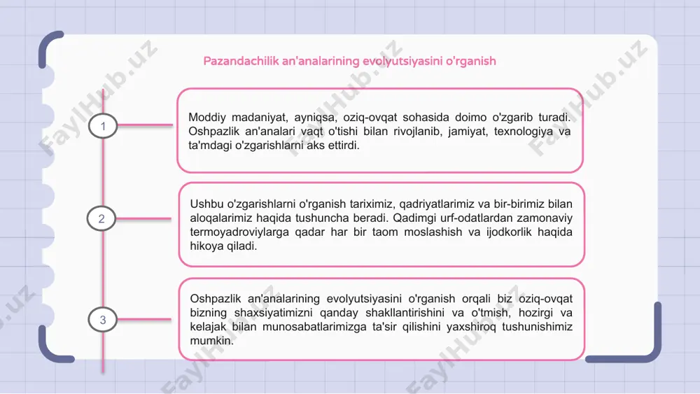 ovqatlardan tortib marosim taomlarigacha, biz iste'mol qiladigan narsalar bizning merosimiz, e'tiqodlarimiz va shaxsiy sayohatlarimiz haqida hikoya qiladi. oziq-ovqat iste'mol qilish harakati shunchaki rizqdan ustun turadi va o'zini o'zi anglashning kuchli ramziga aylanadi. pazandachilik landshaftini kezganimizda, bizning taom tanlovimiz o'zimizni belgilab beradigan oynaga aylanadi. an'anaviy oshxonalar yoki eksperimental uyg'unlashuv orqali bizning oshpazlik ifodalarimiz doimiy ravishda o'zligimizni shakllantiradi va qayta belgilaydi. oziq-ovqat iste'molini o'zgartirishda texnologiyaning roli texnologiya oziq-ovqat iste'molini inqilob qildi, oziq-ovqat mahsulotlarini ishlab chiqarish, tarqatish va iste'mol qilish usullarini o'zgartirdi. qishloq xo'jaligidan tortib to qayta ishlashgacha bo'lgan davrda texnologiya moddiy madaniyatni o'zgartirishda hal qiluvchi rol o'ynaydi. oziq-ovqat texnologiyasidagi yutuqlar bizning oziq-ovqat tanlashimizda samaradorlik, barqarorlik va xilma-xillikni oshirishga olib keldi. gmolar, oziq-ovqat ilovalari va sun'iy intellekt asosidagi yechimlar kabi innovatsiyalar ovqatlanish tarzimizni o'zgartirmoqda. ushbu o'zgarishlarni qabul qilar ekanmiz, texnologiyaning salomatligimiz, atrof-muhit va madaniy merosimizga ta'sirini hisobga olish juda muhimdir. innovatsiyalarni an'analar bilan muvozanatlash oziq-ovqat iste'moli kelajagini shakllantirishning kalitidir. 1 2 3 o'zgaruvchan …