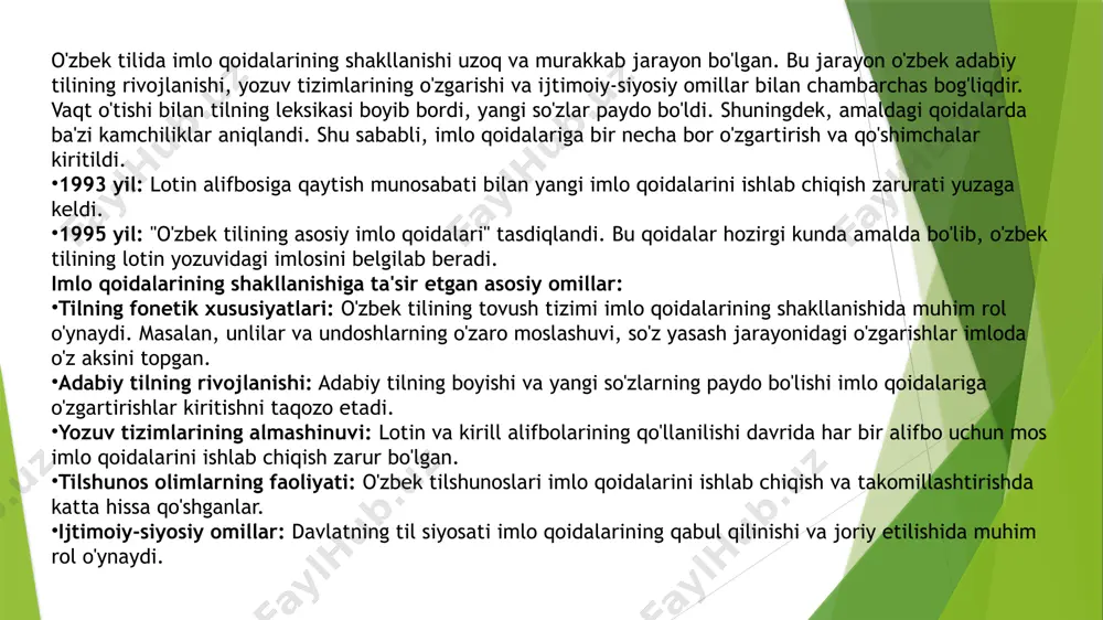 i o'rganishga yordam beradigan ko'plab interaktiv mashqlar, testlar va o'quv materiallari mavjud. yozuvni osonlashtirish: ba'zi texnologiyalar, masalan, nutqni matnga aylantirish dasturlari, yozish jarayonini osonlashtirishi mumkin, garchi bu usulda ham xatolar bo'lishi ehtimoli yo'q emas. salbiy ta'sirlar: "tezkor yozuv" madaniyati: ijtimoiy tarmoqlarda, messenjerlarda va boshqa onlayn platformalarda tezkor yozish zarurati ko'pincha imlo qoidalariga e'tiborsizlikka olib keladi. qisqartmalar, slang va xatolik bilan yozish tendensiyasi kuchayishi mumkin. imlo tekshiruvchilarga haddan tashqari ishonish: foydalanuvchilar imlo tekshiruvchilarga haddan tashqari ishonib, o'zlarining imlo savodxonligini rivojlantirishga yetarli e'tibor bermasliklari mumkin. tekshiruvchilar har doim ham to'g'ri tuzatishni taklif qilmasligi ham mumkin. tilning buzilishi xavfi: internetda turli xil savodsiz matnlarning ko'pligi tilning me'yorlaridan chetga chiqish va imlo qoidalarining buzilishiga olib kelishi mumkin. zamonaviy texnologiyalar va imlo mavzusi dolzarb bo'lib, tilshunoslar, o'qituvchilar va keng jamoatchilikni qiziqtirib kelmoqda. mening avvalgi javobimda bu boradagi umumiy fikrlarimni bayon qilgan edim. hozirda internetga ulanish imkoniyatim yo'qligi sababli, yangi va aniq ma'lumotlar bilan to'ldira olmasam …