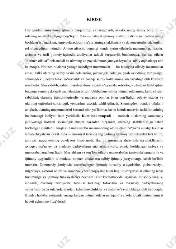 r ishlab chiqishdan iborat. oila — insoniyat tarixida eng qadimiy ijtimoiy institutlardan biri bo‘lib, jamiyat taraqqiyotining poydevori hisoblanadi. har bir insonning shaxs sifatida shakllanishi, axloqiy, ma’naviy va madaniy qadriyatlarni egallashi, avvalo, oilada boshlangan tarbiya va munosabatlarga bog‘liqdir. mustahkam va sog‘lom oilaviy munosabatlar jamiyatda barqarorlik va ijtimoiy uyg‘unlikni ta’minlasa, notinch oilalar esa salbiy ijtimoiy jarayonlarga sabab bo‘lishi mumkin. zamonaviy jamiyatda kuzatilayotgan ijtimoiy-iqtisodiy o‘zgarishlar, globalizatsiya, migratsiya, axborot oqimi va zamonaviy texnologiyalar bilan bog‘liq o‘zgarishlar oilaning ichki tuzilmasiga va ijtimoiy funksiyalariga bevosita ta’sir ko‘rsatmoqda. ayniqsa, iqtisodiy tanglik, ishsizlik, madaniy ziddiyatlar, turmush tarzidagi tafovutlar va ma’naviy qadriyatlarning yemirilishi ba’zi oilalarda nizolar, kelishmovchiliklar va hatto zo‘ravonliklarga olib kelmoqda. bunday holatlar natijasida yuzaga kelgan notinch oilalar nafaqat o‘z a’zolari, balki butun jamiyat hayoti uchun xavf tug‘diradi. 1.oila va uning asosiy vazifalari. jamiyatda oilaning roli o‘zining kuchi buyicha boshqa hech bir ijtimoiy institutlar bilan tenglashtirib bo‘lmaydi. aynan olada insonning shaxsi shakllanadi va rivojlanadi; bola jamiyatda qiyinchiliksiz moslashib …