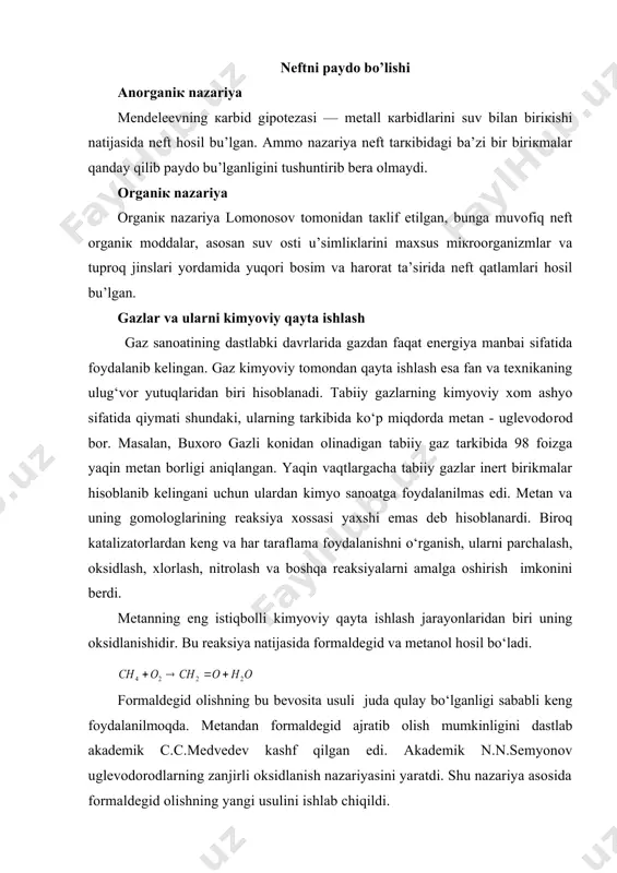 yonov uglevodorodlarning zanjirli oksidlanish nazariyasini yaratdi. shu nazariya asosida formaldegid olishning yangi usulini ishlab chiqildi. bu usul qo‘llanilganda tapkibida 0,1% azot oksidlari bo‘lgan metan - havo aralashmasi 500-600 ос qizdirilgan reaktordan tez o‘tkaziladi. bu usulda reaksiyaga kirishgan metandan ajralib chiqadigan formaldegid 70% ni tashkil etadi. formaldegid rangsiz, o‘tkir hidli gaz, faol kimyoviy birikma, u boshqa moddalar bilan oson reaksiyaga kirishadi. shu tufayli ham formaldegid organik sintezning bebaxo yarim mahsulotiga aylanib qoldi. formaldegid asosida mochevina-formaldegid, fenol-formaldegid smolalari, yangi polimer-poliformaldegid, organik buyoklar, dori va antiseptik preparatlar tayyorlanadi. formaldegiddan foydalanish miqyosi yil sayin kengayib bormokda. yaqin vaqtlargacha formaldegidni metil spirtini temirli va kumushli katalizatorlar ta’sirida oksidlash yo‘li bilan olish asosiy usul hisoblanardi. bu usulni m. i. kuznetsov, ye. i. orlov ishlab chiqgan edilar. bunday usul qo‘llanilganda asosiy xom ashyo sifatida metil spirti ishlatiladi. metil spirti oksidlanganda 90% formalde​gid olinadi. biroq, uglerod va vodorod oksidini koksdan olish xarajatlarining ko‘pligi metil stirtining ancha vaqtgacha juda …