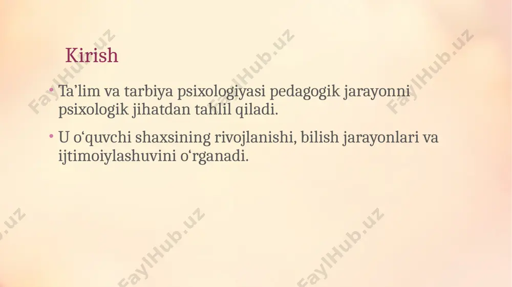 iga qoʻyilgan talablar belgilanadi. taʼlimning maqsadi va vazifalari ijtimoiy tuzum, shuningdek, muayyan oʻquv yurtlari funksiyasiga muvofiq tarixan oʻzgarib boradi. oʻzbekiston respublikasining 1997-yil 29-avgustda qabul qilingan „taʼlim toʻgʻrisida“gi qonuni va kadrlar tayyorlash milliy dasturi taʼlim tizimining barcha yoʻnalishlarini takomillashtirish va rivojlantirish uchun keng imkoniyatlar ochib berdi. taʼlim mazmuni uning maqsadiga muvofiq, ijtimoiy shart-sharoit, fan va texnika, sanʼat holati va shu kabini hisobga olgan holda belgilanadi. kasb-hunar kollejlari, oʻrta maxsus va oliy oʻquv yurtlaridagi taʼlimning mazmuniga umumiy maʼlumotdan tashqari muayyan kasb va mutaxassislik uchun zarur boʻlgan maxsus bilim, malaka va koʻnikmalar ham kiradi. taʼlim mazmuni oʻquv reja va dasturlari, darslik va boshqalarda yoritiladi. taʼlimda qoʻyilgan maqsadga erishish uchun turli metod, vosita, tashkiliy tizim va shakllar (maʼruza, suhbat, tajribalar oʻtkazish, koʻrgazmali qurollarni qoʻllash, kuzatish, mashq va shu kabi)dan foydalaniladi. oʻquv jarayonida texnik vositalar (kino, televideniye, radio, kompyuter, ehm va boshqalar)ni keng qoʻllash taʼlim metodini ishlab chiqishga katta taʼsir koʻrsatadi. tarbiya — shaxsda muayyan …