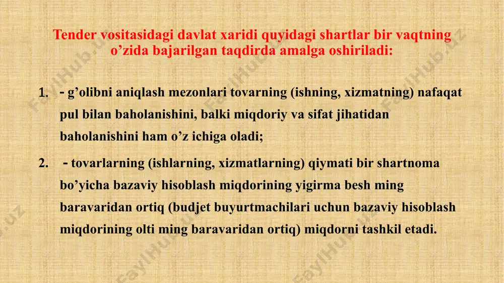 ror qabul qilishga haqli. bunda ushbu tenderda takliflar berish tugaydigan muddat kamida o’n ish kuniga uzaytiriladi. shu bilan bir vaqtda, agar e‘londa ko’rsatilgan axborot o’zgartirilgan bo’lsa, tender o’tkazish to’g’risidagi e‘longa o’zgartishlar kiritiladi. tovarning nomini o’zgartirishga yo’l qo’yilmaydi. 3. tender ishtirokchilarining takliflarini berish, takliflarini ko’rib chiqish va baholash tartibi tender ishtirokchilarining takliflari e‘londa va tender bo’yicha xarid qilish hujjatlarida belgilangan tartibda ko’rsatilgan manzil bo’yicha muhrlangan konvertlarda taqdim etiladi. elektron shaklda tender o’tkazish chog’ida tender ishtirokchilarining takliflarini berish tartibi o’zbekiston respublikasi vazirlar mahkamasi tomonidan belgilanadi. taklifda davlat xaridi ob‘ekti bo’lgan tovarning eskizi, rasmi, chizmasi, fotosurati va boshqa tasviri, nusxasi, namunasi bo’lishi mumkin. tender ishtirokchisi taqdim etilayotgan axborot va hujjatlarning haqiqiyligi va to’g’riligi uchun javobgar bo’ladi. tender ishtirokchisi faqat bitta taklif berishga haqli. tenderda ishtirok etish uchun takliflarni qabul qilish maxsus axborot portali orqali davlat xaridlarining elektron tizimida chop etilgan e‘londa ko’rsatilgan muddat kelishi bilan tugatiladi. agar takliflar berish muddati tugagan vaqtda tender …