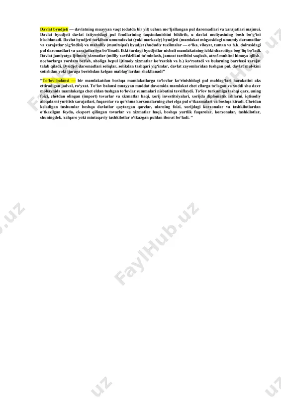 avlat) faoliyatlari natijasida aniqlanadi. ular mamlakatning iqtisodiy imkoniyatlarini, uning ijtimoiy iqtisodiy rivojlanish istiqbollarini narxlash uchun ishlatiladi. . 3 yaim tushunchasi va ularni hisoblash usullari.yaimni hisoblash usullari asosiy makroiqtisodiy ko’rsatkichlardan biri bu - yalpi ichki mahsulotdir. yalpi ichki mahsulot – bu muayyan davr mobaynida (bir yil) kim tomonidan yaratilishidan qatiy nazar mamlakat hududida yaratilgan barcha yakuniy tovar va xizmatlarning bozor qiymatidir. yaim - bu biror-bir mamlakat xududida joylashgan korxona va tashkilotlarda ishlab chirarilgan tovar va xizmatlarning umumiy yiuindisidan iboratdir. yalpi ichki mahsulot 3 xil usul asosida aniqlanadi ; 1) ishlab chiqarish usuli – bunda yalpi ichki mahsulot barcha qo’shilgan qiymatlar yig’indisi sifatida aniqlanadi. yalpi ichki mahsulot = ∑ qq 2) xarajatlar usuli – bunda yakuniy iste’molchilarning xarajatlari yig’indisi sifatida aniqlanadi. yalpi ichki mahsulot = c + i + g + xn bu erda s – shaxsiy iste’mol xarajatlari; i– investitsiya xarajatlari ya’ni xususiy ichki investitsiyalar ; g – davlat xarajatlari ya’ni …