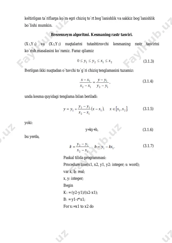 klarga va ayrim hollarda biroz hisob kitoblarga olib keladi. ushbu masalani yechishda kompyuter grafikasida ikkita asosiy yondashish mavjud: 1. proektsiyalash yo`nalishi bo`yicha tasvir tekisligiga yaqinroq masofada joylashgan obyektning nuqtalarini aniqlash. bunda displeyning rastr xossalaridan foydalaniladi. 2. obyektlarni yoki obyekt qismlarini o`zaro taqqoslab obyektlarni yoki obyekt qismlarini ko`rinishligini aniqlash. ikki yondashishni o`zaro ichiga oluvchi algoritmlar ham mavjud. agar biror bir geometrik obyekt n-ta nuqtalardan iborat bo`lsa (ya’ni berilgan bo`lsa), u holda almashtirish matritsasi m aniqlangandan so`ng, berilgan nuqtalarni vi(xi, yi, zi), i=1, n matritsasini hosil qilamiz va so`ng ko`paytirish amalini bajaramiz: (3.5.1) platon jismlari (ko`pyoqliklar). barcha yoqlari to`g`ri ko`pburchaklardan va barcha uchlariga tegishli burchaklar o`zaro teng bo`lgan qavariq ko`pyoqliklar muntazam ko`pyoqliklar deb ataladi (platon jismlari). beshta muntazam ko`pyoqliklar mavjud (buni evklid isbotlagan): to`g`ri tetraedr, geksaedr(kub), oktaedr, dodekaedr, ikosaedr. ularning asosiy xakteristikalari: nomi yoqlari (yo) soni qirralari (q) soni uchlari (u) soni tetraedr 4 6 4 geksaedr 6 12 8 oktaedr 8 …