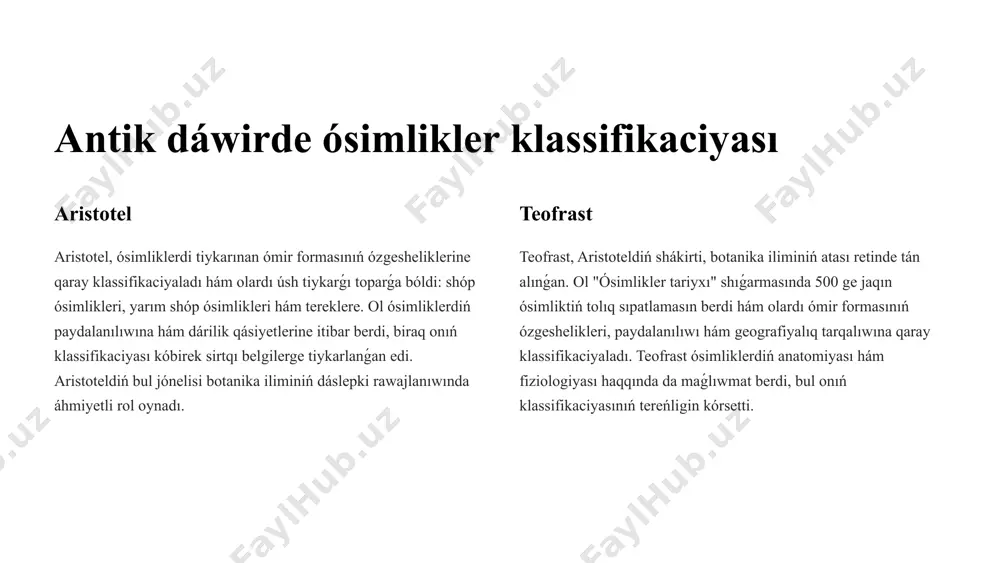 aristotel (b.e.sh. 384-322-jıllar) - ol ósimlikler hám haywanlar arasındaǵı ayırmashılıqtı túsindirgen, biraq tolıq klassifikaciya bermegen. teofrast (aristoteldiń shákirti, b.e.sh. 371-287-jıllar) - "botanika atası" esaplanadı. ol 500 den artıq ósimliklerdi sipatlap, olardı "ósimlik terekleri," "putalar" hám "shópler" sıyaqlı toparlarga ajiratqan. bul klassifikaciya morfologiyalıq ózgesheliklerge tiykarlangan edi. pliniy úlkenler (eramızdıń i ásir) - "tábiyiy tariyx" shigarmasında kóplegen ósimlikler haqqında magliwmat bergen. ol da ósimliklerdiń ámeliy paydasına kóbirek itibar qaratqan. dioskori - grek táwibi, ol "de materia medica" shiǵarmasında 600 den artıq shıpalı ósimlikti sipatlap bergen. antik dáwir klassifikaciyasınıń ózgeshelikleri: ilimiy tiykarlar tómen edi. tek sırtqı belgiler hám ámeliy paydaǵa tiykarlanǵan edi. ele ele zamanagóy taksonomiya qaǵıydaları islep shıǵılmaǵan edi. 3 shıǵıs alımlarınıń úlesi ibn sino (avicenna) (980-1037) ibn sino medicina hám farmacevtika tarawında úlken úles qosqan. "ál-qanun fit-tibb" (medicina qanunı) shıǵarmasında 800 ge jaqın dárman preparatların, sonıń menen birge, ósimliklerden alınǵan dármanlardı da sipatlap berdi. ol dármanlardı tayarlawda distillyaciya hám ekstraksiyalaw sıyaqlı …