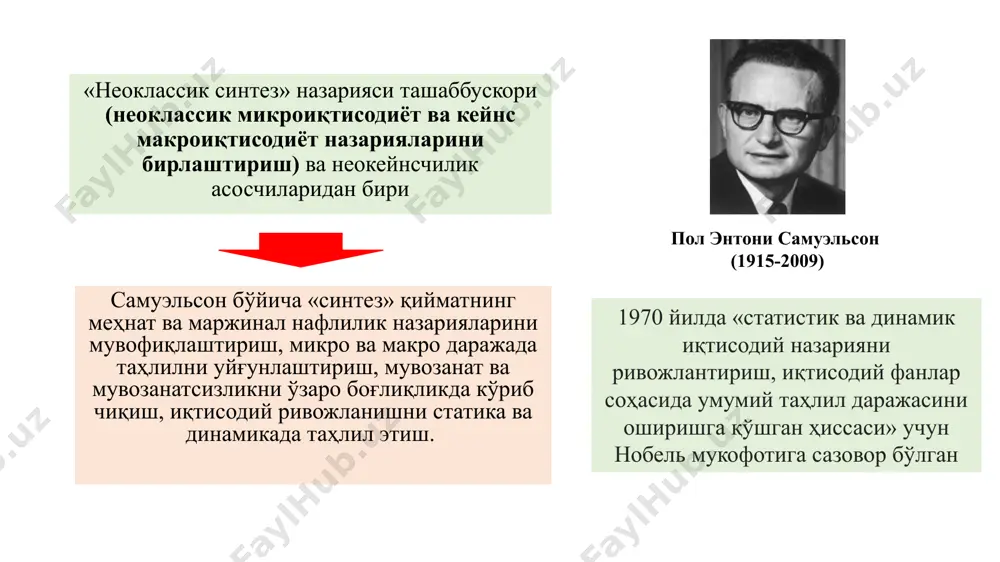 ан боғлаш барқарор иқтисодий ривожланишни аҳоли фаровонлигини ошириш билан бирга олиб бориш. дж. хикснинг is-lm модели дж. хикснинг таҳлил предмети – иқтисодий мувозанат муаммоси. мувозанатга қандай эришилади? жадал суръатларда ривожланаётган иқтисодиёт шароитида барқарор мувозанат қандай таъминланади? lm is2 is1 y2 y1 i2 i1 lm is2 is1 y2 y1 i2 i1 мувозанат таҳилилининг дастаги сифатида is-lm модели таклиф этилади is - «инвестициялар - жамғариш»; lm - «ликвидлик - пуллар» (l - пулга бўлган талаб; м - пул таклифи). моделнинг биринчи қисми товарлар бозоридаги мувозанат шароитини, иккинчи қисми эса пул бозоридаги мувозанат шароитини ифодалаш учун хизмат қилади. товарлар бозорида мувозанат шарти сифатида инвестициялар ва жамғармалар мувозанати олинади, пул бозорида эса пулга талаб ва пул таклифи (пул массаси) ўртасидаги мувозанат олинади. товарлар бозоридаги ўзгаришлар пул бозорида ўзгаришларга олиб келади ва аксинча. «иккала бозордаги мувозанат бир вақтнинг ўзида фоиз нормаси ва даромадлар даражаси билан белгиланади, бошқача айтганда «иккала бозорда бир вақтнинг ўзида даромад ва …