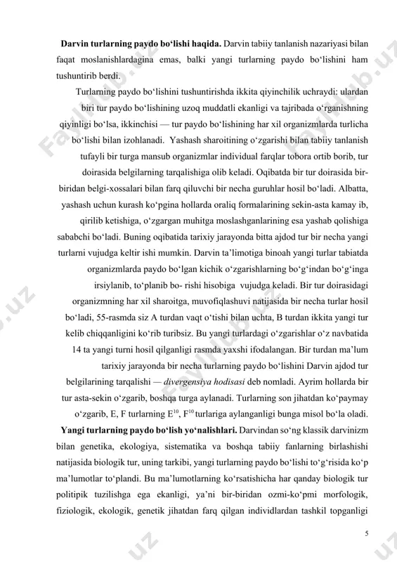 har qanday biologik tur politipik tuzilishga ega ekanligi, ya’ni bir-biridan ozmi-ko‘pmi morfologik, fiziologik, ekologik, genetik jihatdan farq qilgan individlardan tashkil topganligi yanada oydinlashdi. bundan tash qari turlar o‘zaro egallagan areali, populyatsiyalar soni bilan farqlan ishi ma’lum bo‘ldi. odatda keng arealda tarqalgan turlarda po pulyatsiyalar soni ko‘p, tarqoq arealdagilarda esa kam bo‘ladi. har qanday tur genofondi yagona, bir-biri bilan uzviy aloqada bo‘lgan genlar, xromosomalar majmuasidan 55-rasm. darvin ta’limoti bo‘yicha yangi turlarning paydo bo‘lishi — divergensiya. lotin alifbosidagi sxemada a—l bilan avlodga kiruvchi turlar, a7, m7, u7, z7, as, m8, u8, zs lar bilan tur-xillari, a10, f°, m10, z10 bilan yangi turlar ifodalangan. i—xi raqamlarining chiziqlar orasi har bir mingdan ortig‘i naslning taqdirini belgilaydi. 56-rasm. yangi turlar paydo bo‘lis hining filetik (1), dura gaylash (2), divergensiya (3) yo‘nalishlari. tuzilgan. u shu turga mansub organizmlarni tashqi muhitga mosla- nishini ta’minlaydi. yangi turning paydo bo‘lishi ajdod turning yagona, o‘zaro bog‘liq bo‘lgan genlar, xromosomalar majmuasini …