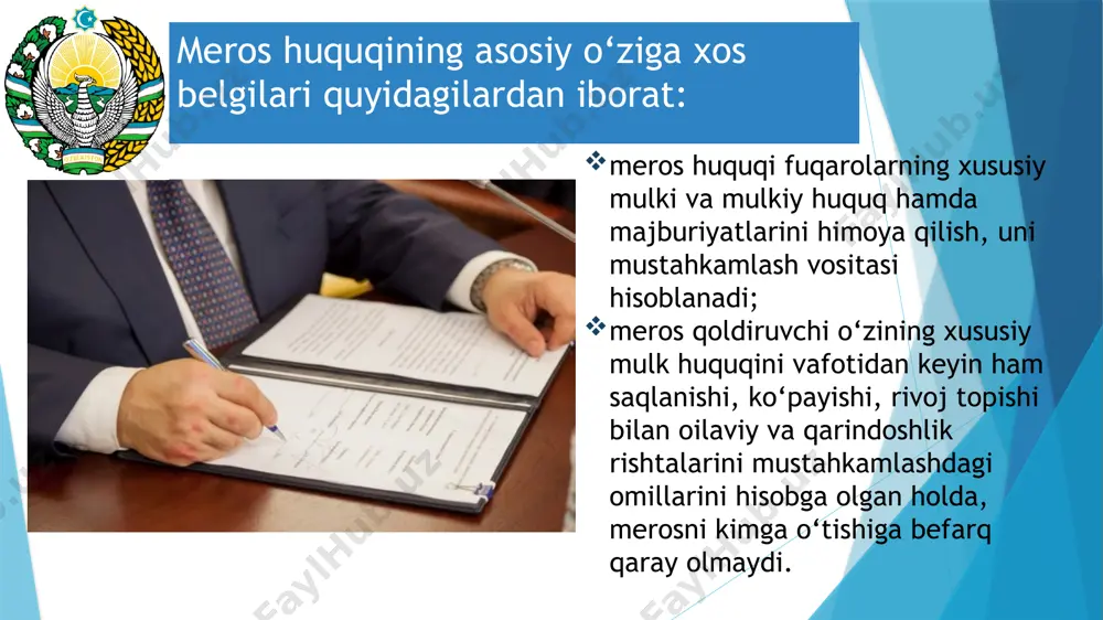 ros ularnig har biridan keyin ochiladi. bunday holda ulardan har birining merosxo‘ri alohida vorislikka chaqiriladilar. vafot etganlarning bir-birlaridan meros olish huquqi paydo bo‘lmaydi. vasiyatnoma bergan shaxs bilan vasiyatnomaga asosan huquq oluvchi shaxs bir vaqtning o‘zida vafot etgan taqdirda vasiyat bo‘yicha meros ochilmaydi. meros mulk qonun bo‘yicha vorislarga o‘tadi. vorislikka doir huquqiy munosabatlar meros ochilgan paytda amalda bo‘lgan qonun hujjatlari bilan tartibga solinadi. shu bilan birga meros ochilgan joyda amalda bo‘lgan qonunlarga asoslanadi. shu sababdan merosning ochilish joyini to‘g‘ri aniqlash qonun­ning huquqiy munosabatga to‘g‘ri tatbiq qilinishini ta’minlaydi. merosning ochilish joyini aniqlash bilan meros mulkni qo‘­riqlash, uni boshqarish, qonunda belgilangan tartibda merosga bo‘l­gan huquq to‘qrisida guvohnoma beradigan notarial idorani aniq­lash, kreditorlarning talablarini ko‘rib chiqib, hal qiladigan idoralarni belgilash va boshqa meros ochilish joyi bilan bog‘liq masalalarni to‘g‘ri hal qilish ta’minlanadi. «fuqaroning doimiy yoki asosan yashab turgan joyi,- deyiladi fkning 21 moddasida,- uning yashash joyi hisoblanadi. o‘n to‘rt yoshga to‘lmagan voyaga etmaganlarning (kichik …