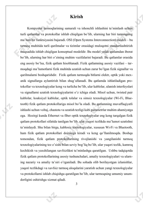 rotokoli, ayniqsa, fizik satrda juda keng tarqalgan protokol bo‘lib, u lan tarmoqlarida ma’lumotlarni uzatish uchun standart hisoblanadi. ethernet texnologiyasi, asosan, twisted pair kablolar bilan ishlaydi va synchronous digital hierarchy (sdh), fiber channel kabi texnologiyalar bilan ham bog‘liq. bu protokol, bitlarni elektr signallar shaklida uzatadi va ma’lumotlarni kodlash, sinxronizatsiya qilish, fazoviy va vaqt bo‘yicha boshqarishni o‘z ichiga oladi. fiber optik texnologiyalar, ayniqsa, yuqori tezlik va kengaytirilgan masofalar uchun mo‘ljallangan bo‘lib, ular optik signallar yordamida ma’lumotlarni uzatadi. fiber optikada signalning uzatilishi, yorug‘lik impulslarining yoritilishi va qabul qilinishiga asoslangan bo‘lib, bu texnologiya elektromagnit to‘lqinning shovqinga chidamliligi va yuqori ma’lumot uzatish tezligini ta’minlaydi. bu texnologiya, ayniqsa, yirik korporativ tarmoqlarda va internet infratuzilmasida keng qo‘llaniladi. shuningdek, simsiz texnologiyalar ham fizik satr protokollari qatoriga kiradi. masalan, wi-fi va bluetooth texnologiyalari, elektromagnit signallar yordamida ma’lumotlarni uzatadi. ular, har xil muhitda va sharoitda ishlashga moslashgan bo‘lib, mobil qurilmalar va shaxsiy qurilmalar uchun keng tarqalgan. fizik satr protokollarining asosiy …