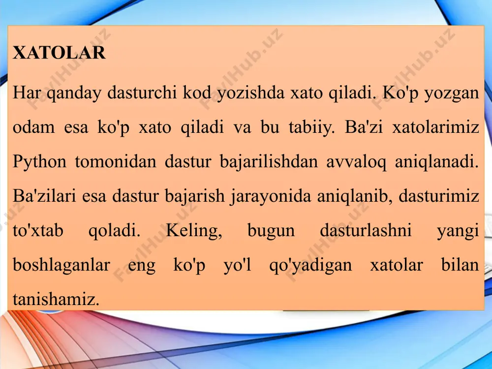 (3/14). uzun sonlarni kiritish uzun sonlarni kiritishda, qulaylik uchun, raqamlarni pastki chiziq (_) yordamida guruhlash mumkin. python - son tarkibidagi pastki chiziqlarni (_) inobatga olmasdan, uzun sonligicha qabul qiladi. masalan: aholi_soni = 7_594_000_000 # o'zmizga qulay bo'lishi uchun shunday yozdik print(aholi_soni) natija: 7594000000 arifmetik amallar avvalgi darsimizda foydalanuvchidan ma'lumot olish uchun input() funktsyasidan foydalanishni o'rgandik. kelin endi shu funktsiya yordamida foydalanuvchidan son olishni ko'raylik. quyidagi kod foydalanuvchining tug'ilgan yilini so'raydi va uning yoshini hisoblab beradi: foydalanuvchining tug'ilgan yilini so'raymiz t_yil = int(input("tug'ilgan yilingizni kiriting: ")) foydalanuvchi yoshini xisoblaymiz yosh = 2020 - t_yil # foydalanuvchi yoshini konsolga chiqaramiz print("siz " + yosh + " yoshda ekansiz") input() funksiyasi va sonlar o'zgaruvchi (variable) ularni amalda sinab ko’rsak yaxshiroq tushunamiz: x = 10 y = 3 print(x + y) print(x - y) print(x * y) print(x / y) print(x % y) print(x ** y) print(x // y) 13 7 30 3.3333333333333335 1 …