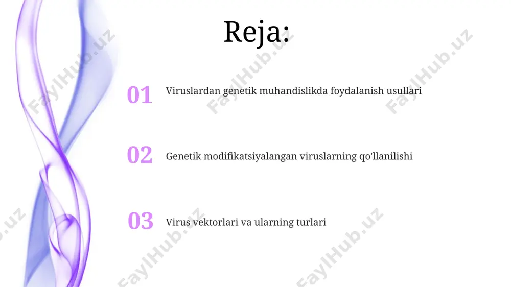 ulyar diagnostika usullarida 100 dan ortiq turdagi viruslarni aniqlash uchun primerlar qo‘llaniladi. virusli kasalliklarni aniqlashda elisa (ferment bog‘langan immunosorbent tahlili) texnologiyasi orqali virusga qarshi antitellarni aniqlash orqali 90% dan yuqori aniqlikka erishiladi. viruslar yordamida gen terapiyasi retroviruslar, lentiviruslar singari, o'z genetik materialini mezbon hujayraning genomiga integratsiya qilish qobiliyatiga ega, bu uzoq muddatli gen ekspressionini ta'minlaydi. asosiy afzalligi shundaki, ba'zi viruslar, adenoviruslar kabi, yuqori darajada hujayralarga infektsiya qilish qobiliyatiga ega bo'lib, 90% dan ortiq samaradorlikni ta'minlaydi. viruslarning genetik muhandislikdagi ahamiyati viruslarning genetik materiallari, masalan, adenoviruslar yoki retroviruslarning genomlari, 5-10 kb gacha boʻlgan begona genlarni oʻz ichiga olish va ularni hujayralarga samarali yetkazish uchun vektor sifatida ishlatilishi mumkin. lentiviruslar, oʻzining yuqori transduksiya samaradorligi (90% dan yuqori) tufayli, immunitet hujayralari va boshqa qiyin transduksiya qilinadigan hujayralarga genlarni yetkazish uchun afzal koʻriladigan vektor hisoblanadi. e'tiboringiz uchun rahmat @taqdimot_robot image4.jpg image5.jpg image6.jpg image7.jpg image8.jpg image9.jpg image10.jpg image1.jpeg image2.jpeg image3.jpeg