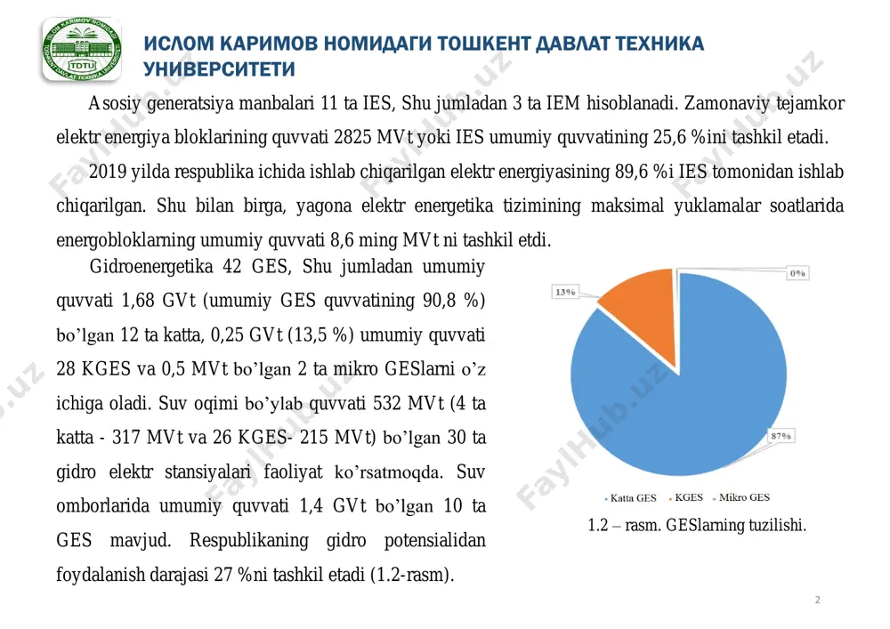 og’iston respublikasi va xorazm viloyati); janubi-g’arbiy (qashqadaryo, samarqand, buxoro va navoiy viloyati); janubiy (surxondaryo viloyati); shaqiy (andijon, namangan va farg’ona viloyatlari); markaziy (jizzax, sirdaryo, toshkent viloyatlari va toshkent shahri). 2019 yil qish mavsumida yagona elektr energetika tizimining maksimal yuklamalar soatlarida yuklama 10,4 ming mvtni, minimal va maksimal yuklama urtasidagi farq 2,3 ming mvtni tashkil etdi. o’z navbatida, 2019 yilning yoz mavsumida yagona elektr energetika tizimining maksimal yuklamalar soatlarida yuklama 9,4 ming mvtga etib, maksimal va minimal yuklama o’rtasidagi farq 2,6 ming mvt ni tashkil etdi. ислом каримов номидаги тошкент давлат техника университети 4 1- yoqilg‘i ortilgan vagon; 2- ag‘daruvchi qurilma bunkeri; 3- maydalagich; 4- ko‘mir bunkeri; 5- tegirmon qurilmasi; 6- baraban; 7- o‘txona kamerasi; 8- bug‘ o‘ta qizdirgich; 9- suvli ekonomayzer; 10- havo qizdirgich; 11- puflovchi ventilyator; 12- kul tutgich; 13- tutun so‘rgich; 14- tutun mo‘risi; 15- bager nasosi; 16- lentali transporter; 17- ko‘mir g‘arami; 18- yondirgichlar; 19- bug‘ qozoni; …