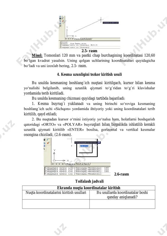 hiziladi, (2.6-rasm). 2.6-rasm toifalash jadvali ekranda nuqta koordinatalar kiritish nuqta koordinatalarini kiritish usullari bu usullarda koordinatalar boshi qanday aniqlanadi?