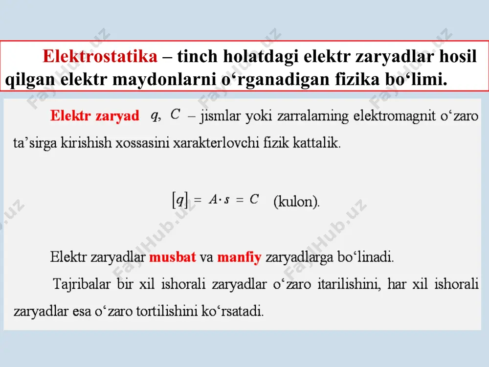 ssiqlik ta’siridan farqli barcha, hollarda namayon bo’ladi. 19 tok kuchining birligi elektr toki kuchi birligi – amper 1 metrli o’tkazgichning har bir qismida 2.10 -7 nyuton ta’sir kuchi hosil qiladigan, vakuum- da 1 metr oraliqda joylashgan, hisobga olmaydigan darajada kichik ko’ndalang kesim yuzasiga ega bo’lgan, cheksiz uzunlikdagi to’g’ri chiziqkli parallel joylashgan o’tkazgich- lardan o’tayotgan o’zgarmas tok kuchiga aytiladi. 20 tok kuchini o’lchash a tok kuchi zichligi deb, o’tkazgichning bir birlik ko’ndalang kesim yuzasidan ds o’tgan di tok kuchiga miqdor jihatdan teng bo’lgan fizik kattalikka aytiladi: tok kuchi zichligi ihtiyoriy sirtdan o’tayotgan tok kuchi tok kuchi zichligi oqimi bilan aniqlanadi. 22 tok manbalari tashqi kuch hosil qilgan maydon ta’sirida, tok manba’i ichida elektr zaryadlari elektrostatik maydon kuchlariga qarshi harakatlanadilar,zanjirning uchlarida potensiallar taminlab turadi, natijada, zanjirda doimiy elektr toki oqadi. kimyoviy ehergiya hiso- bidan elektr energiyasi manbaiy bo’ladigan qurilmalar galvanik elementlar deb ataladi. tok o’tkazilgandaelektr energiyasi manbaiy bo’ladigan qurulmalarakkumulyatorlar deb ataladi. 23 …