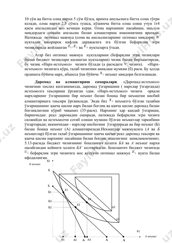 нг реал даромадини, унинг товар сотиб олиш имкониятини оширади, яъни унинг ўз эҳтиёжини қондириш даражасини оширади. бу ерда неъматни истеъмол қилиш ҳажмининг умумий ўзгариши (унинг нархи тушиши ҳисобидан) расмда билан белгиланган. истеъмолчи бошида миқдорда неъматдан сотиб олади, нарх ўзгаргандан кейин сотиб олиш ҳажми га ўзгаради. б товарни сотиб олиш ҳажми 0б1 дан 0б3 га қисқарди. неъмат истеъмолининг умумий ўзгариши га умумий самара дейилади. энди умумий самарани даромад самарасига ва алмаштириш самарасига қандай ажралишни кўрамиз. даромад самарасини аниқлаш учун ба бюджет чизиғига параллел қилиб ба бюджет чизиғини бефарқлик эгри чизиғига уринадиган қилиб ўтказамиз ва бу урилган нуқтани деб белгилаймиз. нуқтага мос келувчи оптимал мажмуадаги неъмат миқдори га тенг ва у умумий самарани икки қисмга ажратади: ва . ўзгаришга даромад самараси дейилади ва ўзгаришга - алмаштириш самараси дейилади. даромад самараси - бу неъмат нархи ўзгариши (алмашиш самараси ҳисобга олинмаганда) натижасида реал даромад ўзгаришининг истеъмолчи талабига таъсиридир. даромад самараси - бу истеъмолчининг сотиб …