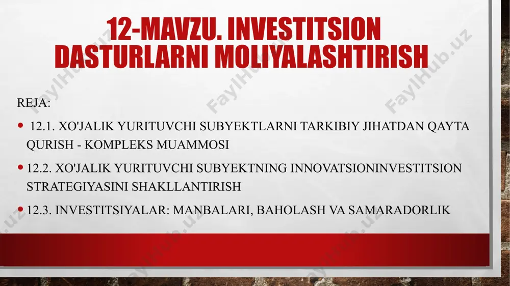 uzil-kesil tanlab oladi. avgust - sentyabr iqtisodiyot vazirligi, moliya vazirligi, tashqi iqtisodiy aloqa vazirligi, “davarxitektqurilish” qo’mitasi, vakolatli banklar 5 - bosqich investitsiya dasturining loyihasi iqtisodiyot vazirligi huzuridagi birlashgan hay’at tomonidan ko’rib chiqiladi va uning qaroriga ko’ra ishlab chiqish va vazirlar mahkamasining komplekslari bilan kelishish uchun tashqi iqtisodiy aloqalar va xorijiy investitsiyalar departamentiga taqdim etiladi. sentyabr iqtisodiyot vazirligi xuzuridagi birlashgan xay’at, vazirlar maxkamasining komplekslari 6 – bosqich investitsiya dasturining loyihasi batafsil ko’rib chiqiladi. sentyabr -oktyabr iqtisodiyot vazirligi 7 –bosqich investitsiya dasturining loyihasi tasdiqlash uchun vazirlar mahkamasiga kiritiladi. oktyabr prezident devoni, vazirlar maxkamasining tegishli departamentlari va komplekslar 8 - bosqich investitsiya dasturini amalga oshirishning birinchi yiliga kiritiladigan, yangidan boshlanadigan obyektlar bo’yicha tanlov savdolari o’tkaziladi. oktyabr – noyabr “davarxitektqurilish” ko’mitasi, buyurtmachilar 9 – bosqich tasdiqlangan investitsiya dasturiga va o’tkazilgan tanlov savdolariga muvofiq belgilangan tartibda shartnomalar tuziladi, qurilishlarning aniq va titul ro’yxatlari, kelgusi yillar loyihalash ishlarining aniq ro’yxatlari tasdiqdanadi. dekabr buyurtmachilar, pudratchilar davlat investitsiya …