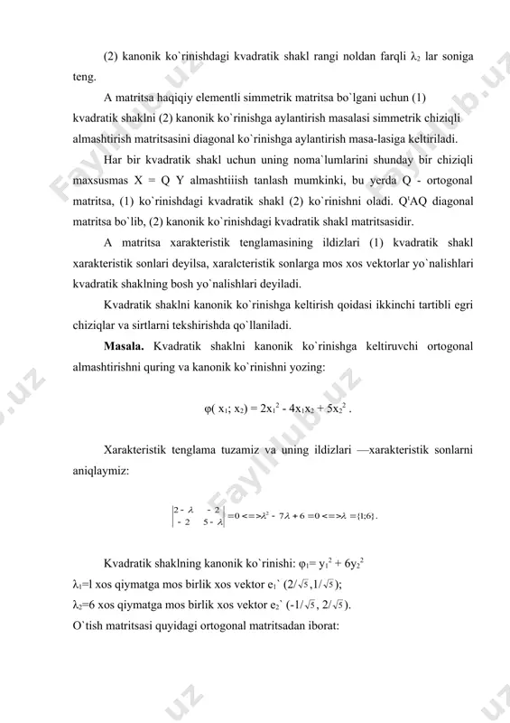 2-rasm), chunki o(0) markazning har qanday r atrofi to`plamning cheksiz ko`p nuqtalarini o`z ichiga oladi. to`plamning quyuqlanish nuqtasi to`plamga tegishli bo`lishi shart emas. misolimizda o(0) ( v. har bir n o`lchovli quyuqlanish nuqtasi o`ziga tegishli nuqtalar to`p-lamiga rn fazoda yopiq to`plam deyilsa, har bir n o`lchovli nuqtasi ich-ki nuqta bo`ladigan nuqtalar to`plamiga esa rn da ochiq to`plam deyi-ladi. masalan, {m(x1; x2) є r2 | x12 + x22 ≤ 1} to`plam r2 da yopiq to`plam bo`lsa, {m(x1; x2) є r2 | x12 + x22 < 1} to`plam esa r2 da ochiq to`plamdir. rn fazoda m0 nuqtaning r atrofi sr(m0) – ochiq to`plam. ochiq va yopiq to`plamlarning quyidagi xossalarini sanab o`tish mumkin: 1. agar v to`plamning chegarasi shu to`plamga tegishli bo`lsa, v yopiq to`plamdir. 2. har qancha yopiq to`plamlarning kesishmasi – yopiq to`plam. 3. chekli sondagi yopiq to`plamlarning birlashmasi – yopiq to`plam. 4. chekli sondagi ochiq to`plamlarning kesishmasi – ochiq to`plam. 5. …