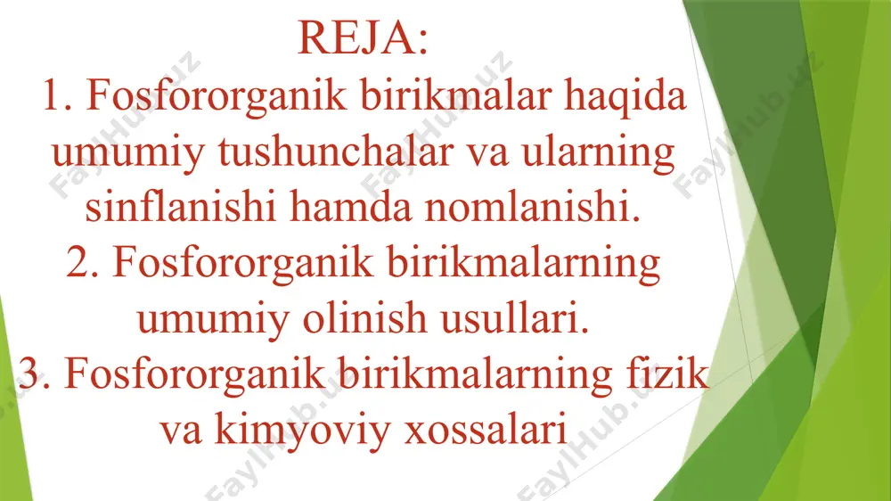 to’yinmagan galogen alkillar birikkanda to’rtlamchi fosfonit tuzlari hosil bo’ladi: ular aminlarning suvli eritmasidan farq qilib, asos xossalarini namoyon qilmaydi, lekin kuchli kislotalar bilan tuz hosil qiladi: galogen almashgan fosfinlar past haroratda va inert muhitda gidrolizlansa, fosfinitlar hosil bo’ladi: gidroliz boshqarilmasa v valentli fosforning organik kislotalari hosil bo’ladi. e’tiboringiz uchun rahmat image8.jpeg image9.png image10.png image11.png image12.png image13.png image14.png image15.png image16.png image17.png image18.png image19.jpeg image20.png image21.jpeg image22.png image23.png image24.png image25.png image26.png image27.png image28.png image29.png image30.png image31.png image32.png image33.png image34.jpeg image3.png image4.png