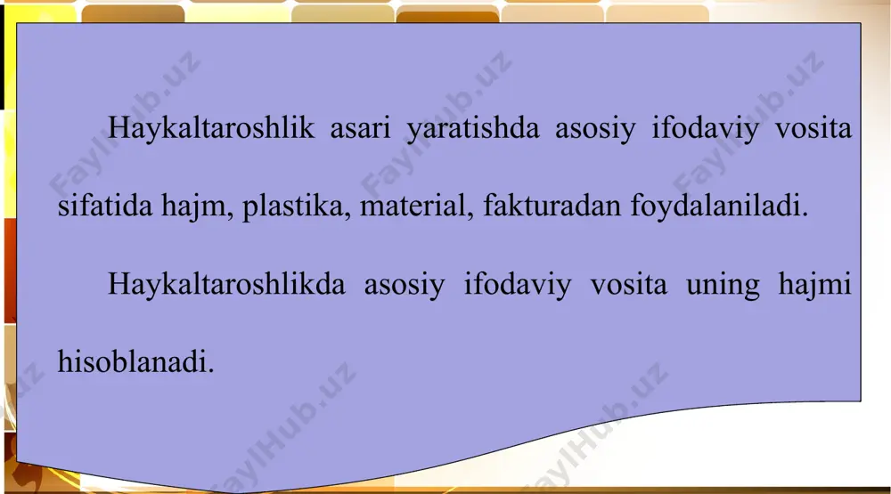 n turlaridan biri – loy yoki plastilin bilan ishlash. haykaltaroshlar haykal maketini, xalq amaliy san’ati ustalari o‘yinchoqlar va mayda plastika tayyorlashda ushbu xomashyolardan foydalanadilar. o‘zbekistonda turli o‘yinchoqlar ishlaydigan xalq ustalari va kulollar – u. jo‘raqulov, a. muxtorov (samarqand), u. umarov, a. hazratqulov, m. nazrullayev (g‘ijduvon), b. boisov, r. matchonov (xorazm), k.turobov, y. ziyomuhamedov, a. rahmatov, m. rahimov, r. orifjonov, a.no‘monov, t.miraliyev, a.aminov (toshkent), t. tillaxo‘jayev (namangan), a. xudoynazarov (kattaqo‘rg‘on), b.xalilov (denov), m. obloqulov (urgut), aka-uka hojimirovlar (andijon), x. rahimova (buxoro), sh. qalandarov (xo‘jayli)lar yaratgan asarlari tahsinga loyiqdir.