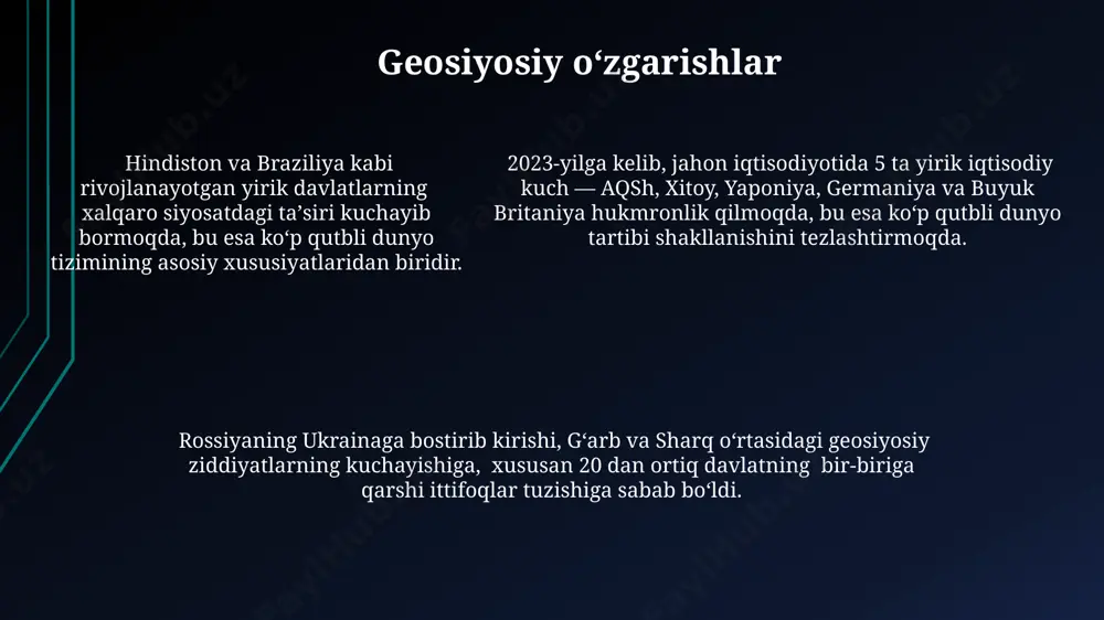 va iqlim oʻzgarishiga qarshi kurash. xalqaro munosabatlarning yangi modeli koʻp qutbli dunyo tartibi global muammolarni, jumladan, iqlim oʻzgarishi va pandemiyalarni hal qilishda 30 dan ortiq mamlakatlarning hamkorligini talab qiladi, bu esa davlatlararo munosabatlarning yangi tuzilmalarini shakllantirishga olib keladi. jahon siyosatida 5 dan ortiq yirik kuch markazlarining (aqsh, xitoy, rossiya, yevropa ittifoqi, hindiston va boshqalar) paydo boʻlishi xalqaro munosabatlarning koʻp qutbli modeliga oʻtishini koʻrsatadi, bu esa 21-asrning boshlariga toʻgʻri keladi. koʻp qutbli dunyoda mintaqaviy tashkilotlar, masalan, shht (shanxay hamkorlik tashkiloti) va brics (braziliya, rossiya, hindiston, xitoy va janubiy afrika) kabi guruhlar global boshqaruvda tobora muhim rol oʻynamoqda, bu esa 10 dan ortiq davlatlarning manfaatlarini himoya qilishga qaratilgan. mintaqaviy integratsiya markaziy osiyo mintaqaviy integratsiyasi 5 ta davlatni – qozog‘iston, qirg‘iziston, tojikiston, turkmaniston va o‘zbekistonni o‘z ichiga oladi va 2023 yil holatiga ko‘ra, savdo hajmi 70 milliard aqsh dollaridan oshgan. mintaqaviy integratsiya doirasida “markaziy osiyo temir yo‘llari” loyihasi 5000 kilometrdan ortiq temir yo‘l …