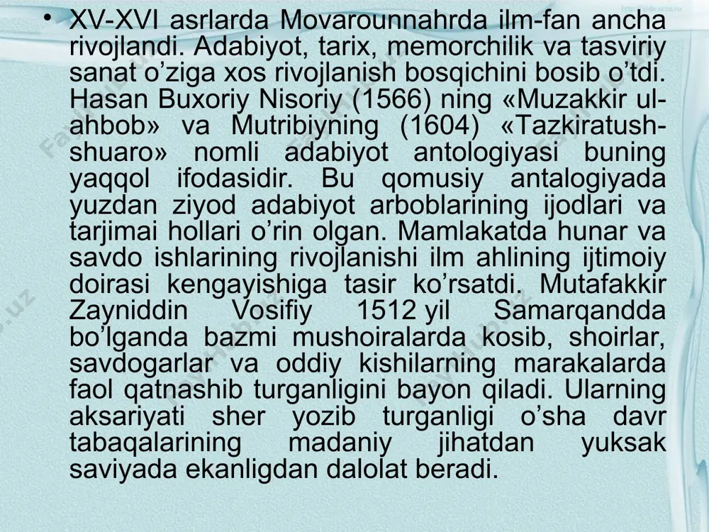 a ulkan hissa qo’shgan mavlono muhammadin mug’anniy, mavlono kavkabiy, хo’ja muhammad, rizo samarqandiyning nomlari bizgacha yetib kelgan. www.arxiv.uz www.arxiv.uz bu davrdagi me’morchilik yodgorliklar hajmi va pardozining jimjimadorligi bilan ajralib turadi. samarqanddagi registon maydoni shu davrda shakllandi. sherdor madrasasining old peshtoqida rangin koshinlar bilan chekilgan bir juft sher tasvirlangan. тillakori madrasasining nomi «tilla bilan pardozlangan» degan ma’noni beradi. devorlardagi ajoyib naqshu nigorlar va ichki devorlardagi to’kis tilla bezaklar juda nafis ishlangan. xviii asr oxirlaridan хiva xonligida ta’mirlash va shaharsozlik ishlari avj oladi. ollaqulixon madrasasi, rahmonquli inoq saroyi hajm jihatidan ancha mahobatli qurilgan. qo’qon xonligi me’morchiligida rang-baranglik va yorqinlik, pardozdagi koshinlarning yorqin tovlanishi kabi xususiyatlar ayniqsa хudoyorxon saroyida yaqqol namoyon bo’ladi. www.arxiv.uz www.arxiv.uz xviii asr oxiri - xix asr boshlarida me’morchilik hajm jihatdan ixcham binolar, goho bezak- pardozlardan butunlay holiligi bilan ko’zga tashlanadi. хonliklar va amirlikda me’morchilik qurilishida va bezakda o’ziga xoslik ham seziladi. farg’ona uylari kengkovul va ayvonli, guldor tokchali, o’yma …