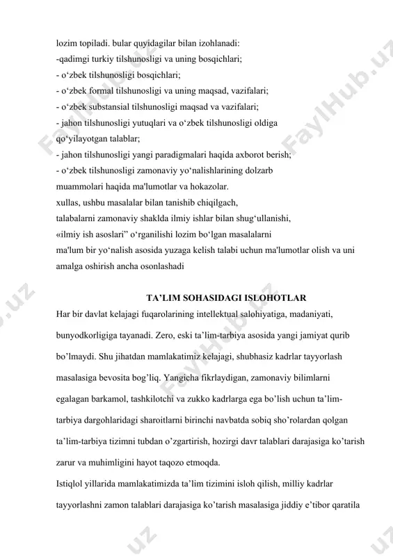 nish huquqi kafolatlanadi‖, deyilgan barkamol avlod ta’lim-tarbiyasi o’zbekiston davlati siyosatining ustuvor vazifasi hisoblanadi. zotan, bugun kamol topayotgan yoshlarimiz jamiyatning ijtimoiy-iqtisodiy va ilmiy-texnikaviy rivojlanishi hamda madaniyatning o’sishini ta’minlovchi asosiy kuch hisoblanadi. shu nuqtai nazardan, o’zbekistonda mustaqillikning dastlabki kunlaridan jamiyatdagi yangilanish va islohotlar, iqtisodiyotning barqaror rivojlanishi, davlatning jahon hamjamiyatiga integratsiyalashuvining asosiy bo’g’ini sifatida ta’lim tizimini isloh qilish bosqichma-bosqich amalga oshirilmoqda. ta’lim tizimidagi islohotlar - ijtimoiy siyosiy jarayonda mustaqil fikrlaydigan, istiqbolli maqsadlarni aniqlaydigan va ularning yechimini topa oladigan, ijodkor, yuksak kasbiy madaniyatga ega bo’lgan yangi avlod kadrlarini shakllantirishga yo’naltirilgan. bugun rivojlanayotgan jamiyatimizga milliy va umuminsoniy qadriyatlarni mukammal egallagan, teran fikrlaydigan, tashabbuskor, jismonan va ma’nan sog’lom, barkamol yoshlar kerak. o’zining oilasiga, xalqiga va vataniga sadoqatli, barkamol shaxslarni tarbiyalash muammolari doimo davlat va jamoatchilikning diqqat markazida bo’lib kelgan. asosiy qism i bob: arab tili va uning rivojlanish bosqichlari. arab tili tarixi: arab tili – somiy tillar guruhining janubiy tarmog‘iga mansub til. yaqin va o‘rta sharq …