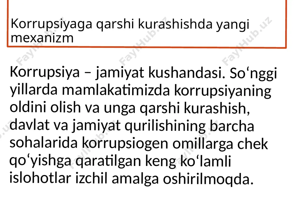 shga qaratilgan qator normativ-huquqiy hujjatlar qabul qilinib, amaliy hayotga tatbiq etilmoqda. , o‘zbekiston respublikasi prezidentining 2020 yil 29 iyundagi pf-6013-sonli “o‘zbekiston respublikasida korrupsiyaga qarshi kurashish tizimini takomillashtirish bo‘yicha qo‘shimcha chora-tadbirlar to‘g‘risida” gi farmoni qabul qilinib, mazkur farmon asosida korrupsiyaning oldini olish va unga qarshi kurashish sohasidagi davlat siyosatini, shuningdek, korrupsiyaga oid huquqbuzarliklarning tizimli sabab va shart-sharoitlarini bartaraf etish hamda korrupsiyaga qarshi kurashish choralarining samaradorligini oshirishga qaratilgan davlat va boshqa dasturlarni shakllantirish va amalga oshirish maqsadida korrupsiyaga qarshi kurash agentligi tashkil etildi. korrupsiyaga qarshi kurashish bo‘yicha faoliyatni amalga oshiruvchi davlat organlari o‘zbekiston respublikasi korrupsiyaga qarshi kurashish agentligi; o‘zbekiston respublikasi bosh prokuraturasi; o‘zbekuston respublikasi davlat xafvsizlik xizmati; • o‘zbekiston respublikasi ichki ishlar vazirligi; • o‘zbekiston respublikasi adliya vazirligi ● o‘zbekiston respublikasi bosh prokuraturasi huzuridagi iqtisodiy jinoyatlarga qarshi kurashish departamenti. korrupsiyaga qarshi kurashish bo‘yicha faoliyatni qonunchilikka muvofiq boshqa davlat organlari ham amalga oshiradi. etiboringiz uchun tashakkur. etiboringiz uchun tashakkur image1.jpeg image2.jpeg media1.mp4 image3.png